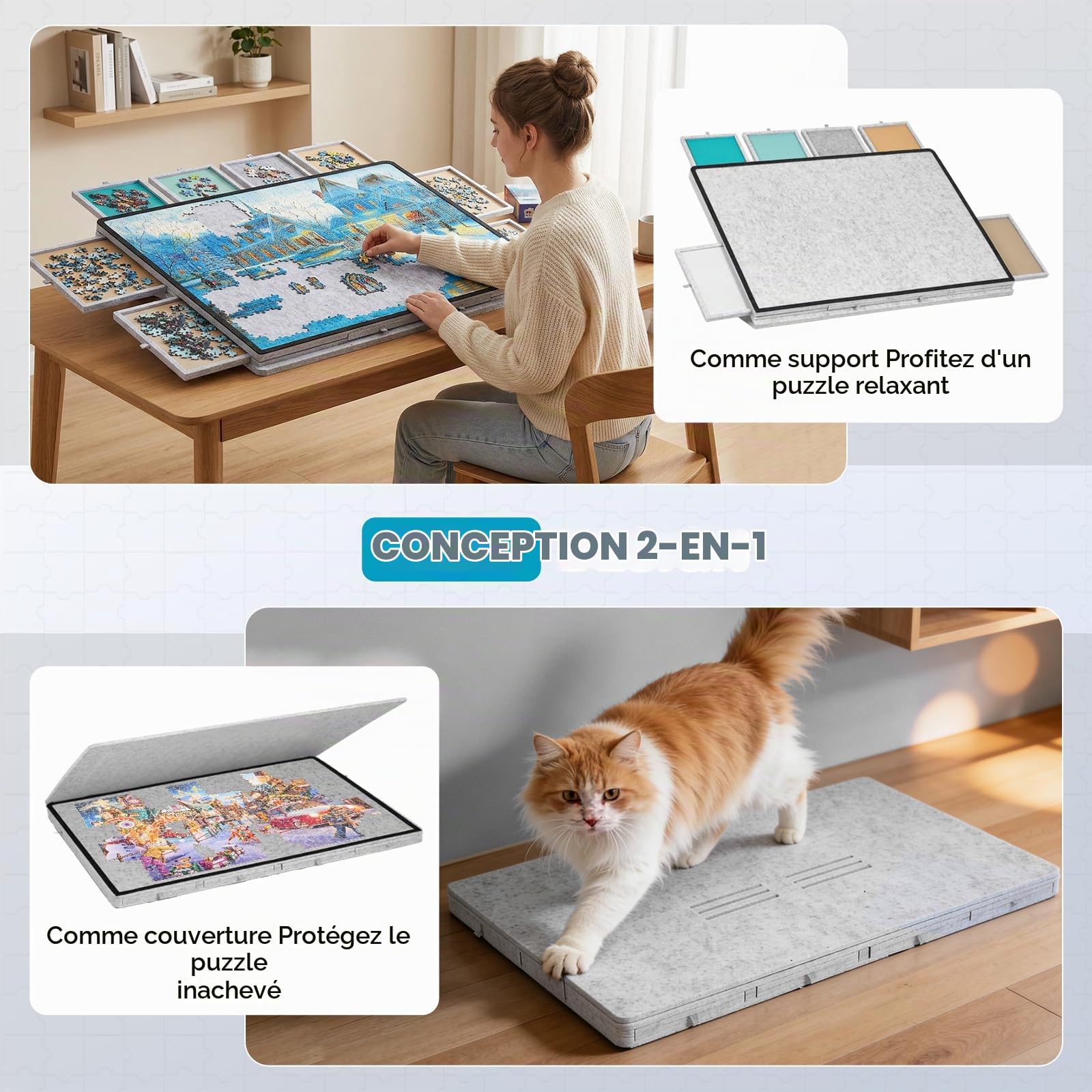 Plateau Puzzle 2-en-1 1000 pièces, Pliable, 8 tiroirs, 77x54 cm, Gris | Surface en feutre, couvercle transparent, 3 tiroirs, pieds pliants 29 cm, bords surélevés