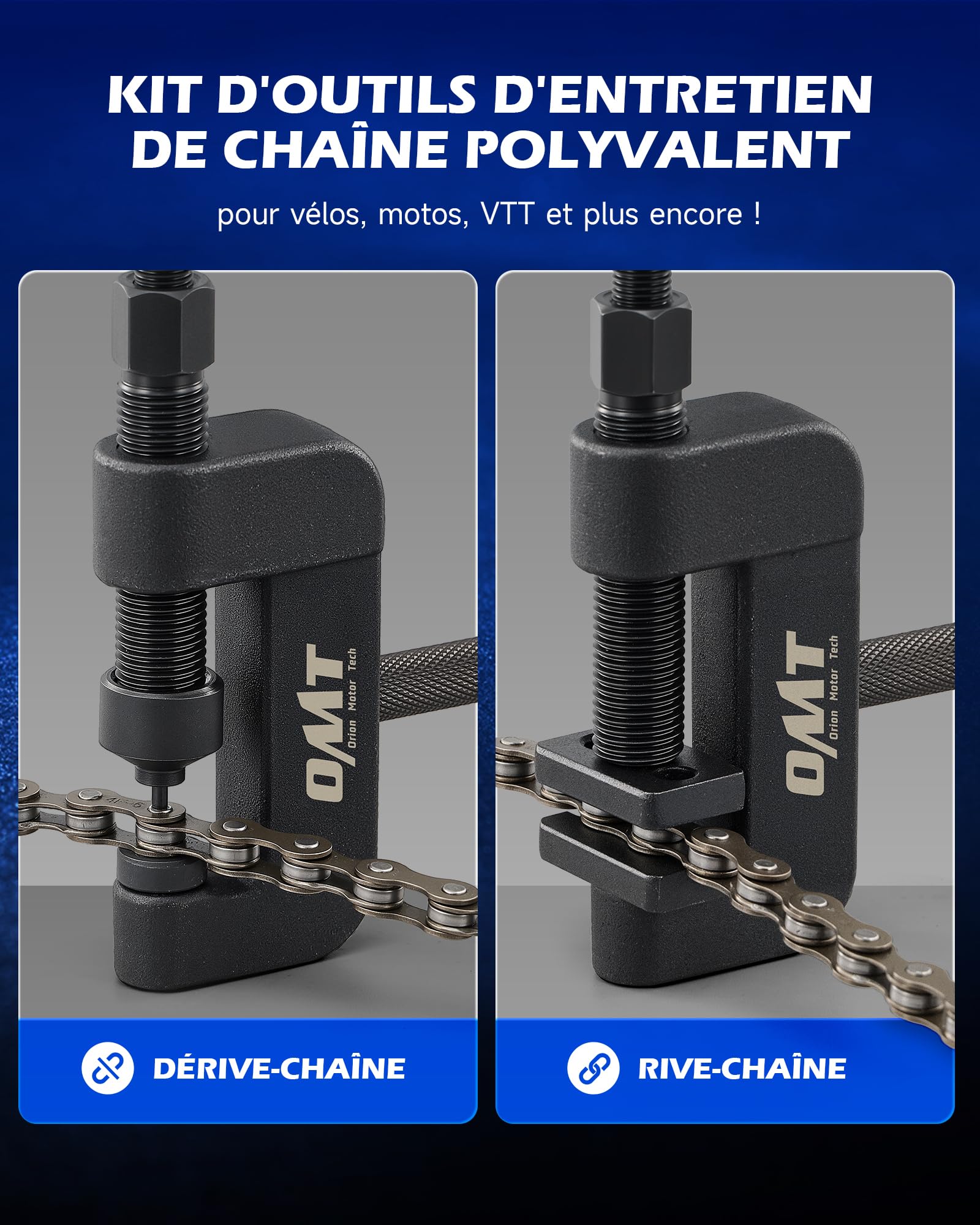 Orion Motor Tech Dérive Chaîne Moto et Rive Chaîne Kit 20 Pièces, Riveteuse de Chaîne avec Cadre en C Renforcé, Coupe-Chaîne pour Moto, Vélo et ATV (Tailles 25 à 630)