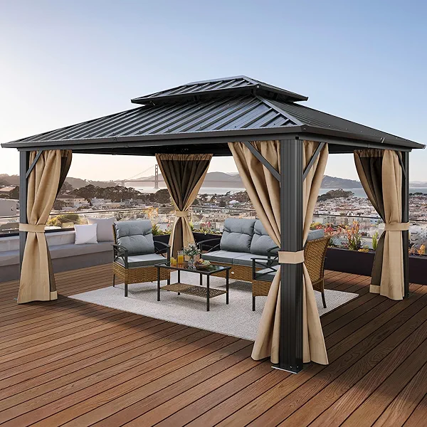 YITAHOME 10x12ft Gazebo Hardtop Double Roof Canopy w/Netting and Curtains, Outdoor Gazebo 2-Tier Galvanized Iron Aluminum Frame Garden Tent for Patio, Backyard, Deck and Lawns, Brown 10X12FT