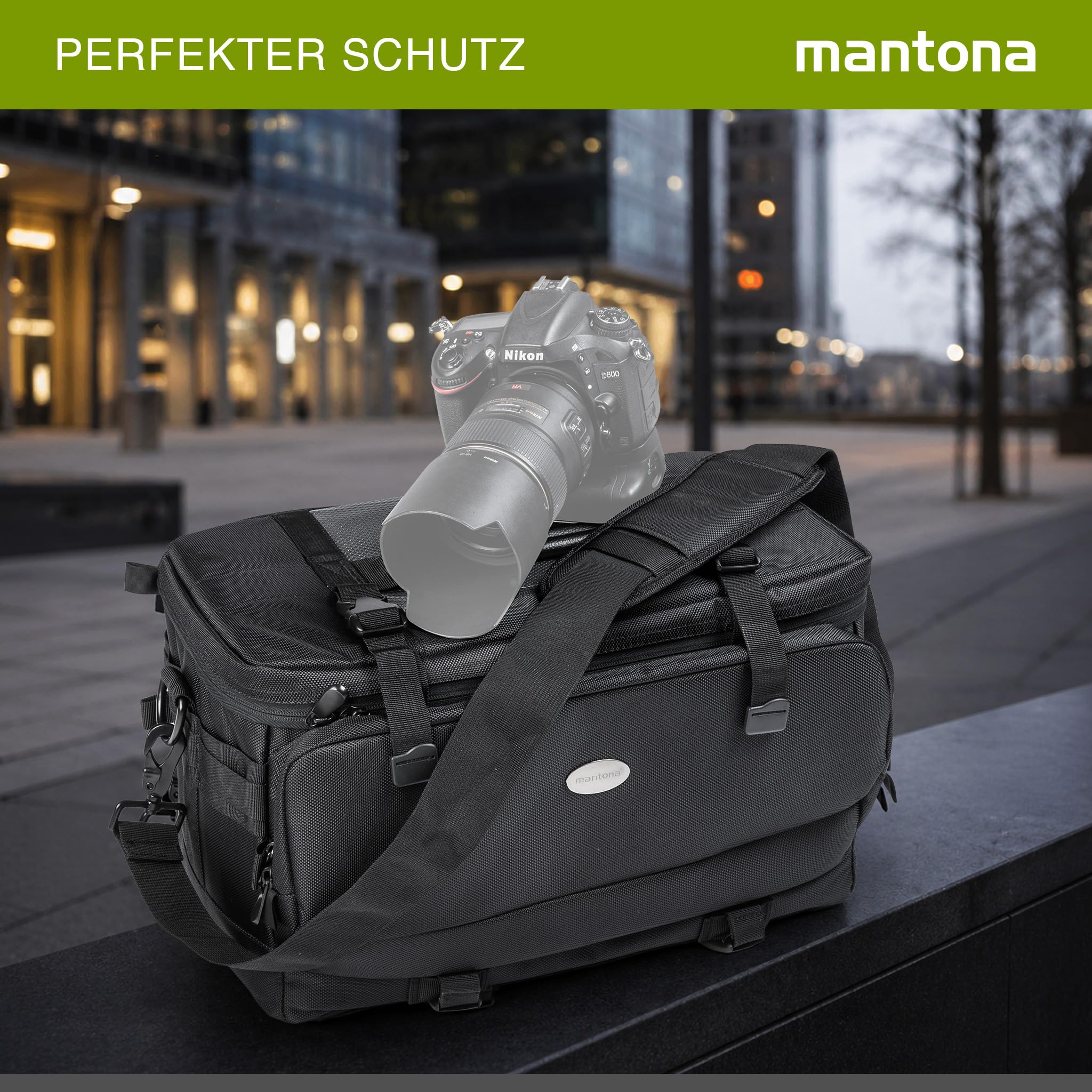 Mantona New York Fototasche (inkl. 5 Trennstegen, abnehmbarem Tragegurt und Regenschutzhülle) schwarz, 18887