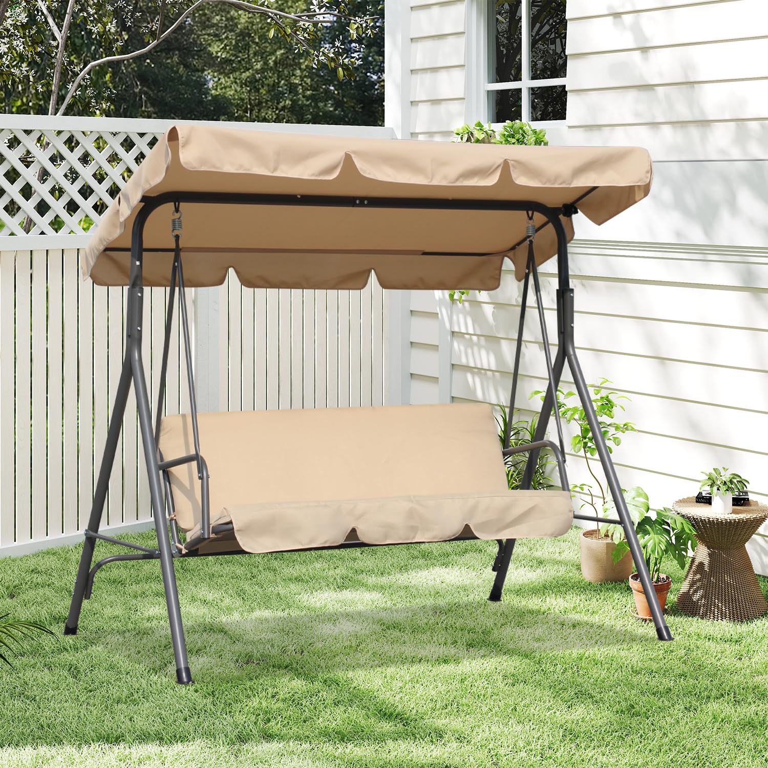 Angel Living Balançoire de Jardin en Métal avec Parasol Balançoire 3 Places avec Coussin Ajustable et Plafond pour Terrasse, Balcon Extérieur, Acier, Max. 240 kg - 169x110x151cm (Beige)