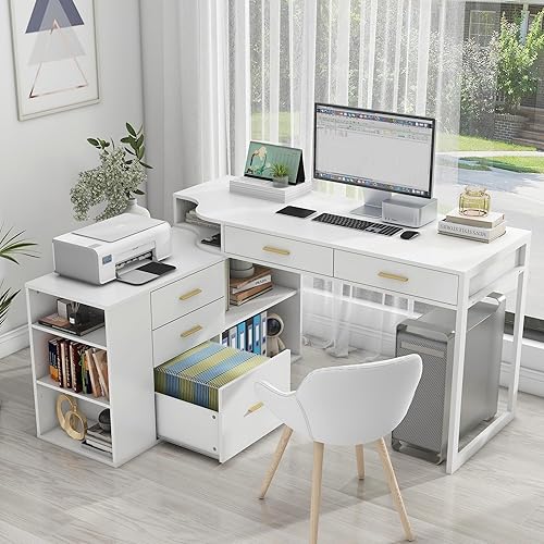 Miniatura 3 de Vabches Escritorio en forma de L de 55 pulgadas con armario de almacenamiento, escritorio de computadora para uso en la oficina en casa, escritorio