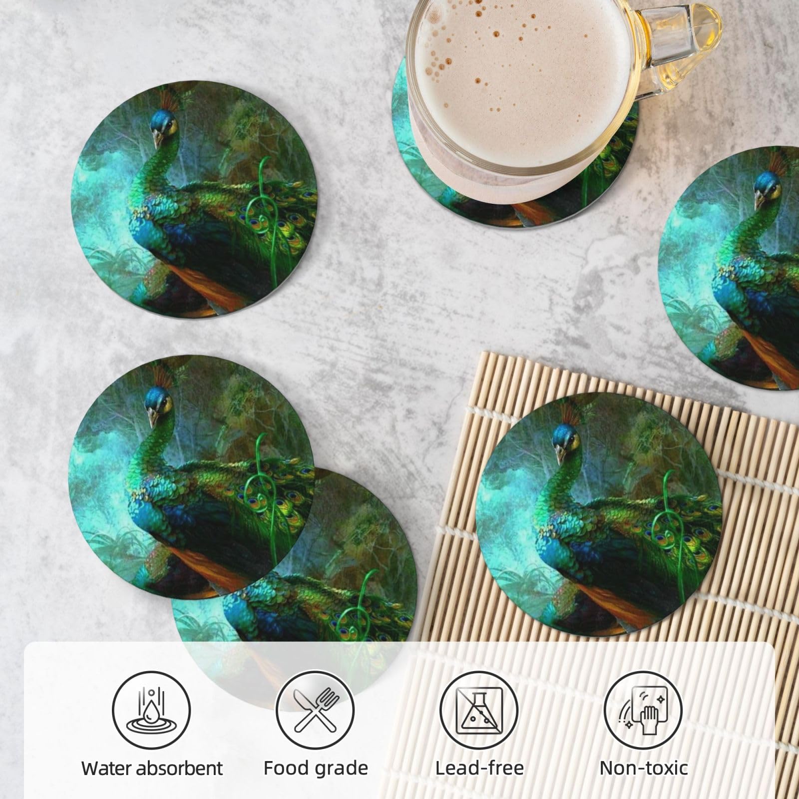 Set di 6 sottobicchieri decorativi in ceramica con stampa di pavone colorato