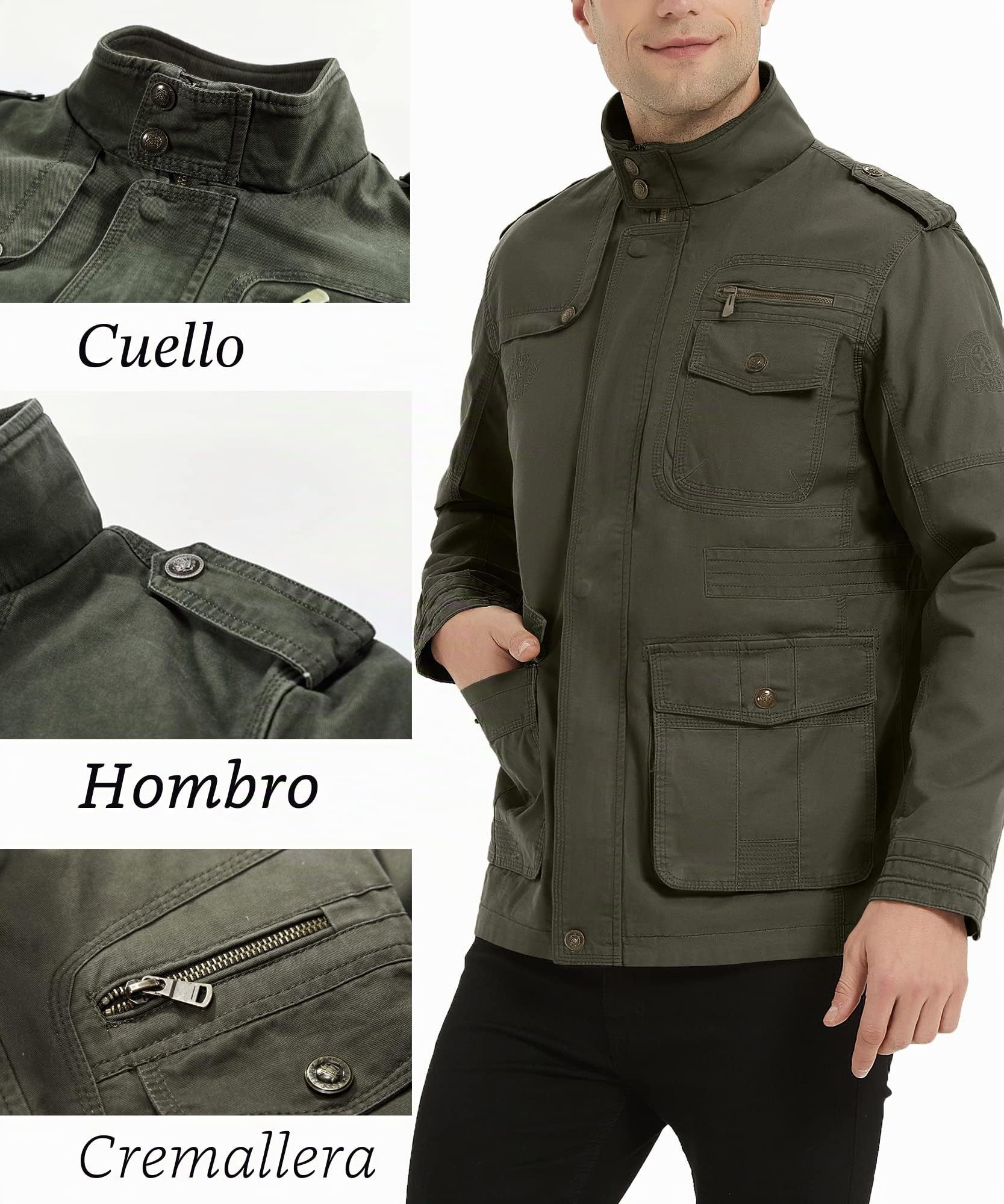 Chaqueta Algodón Casual Clásica Otoño para Hombre Cuello Alto Múltiples Bolsillos Chaqueta Militar Carga de Sahariana Cortavientos Informal