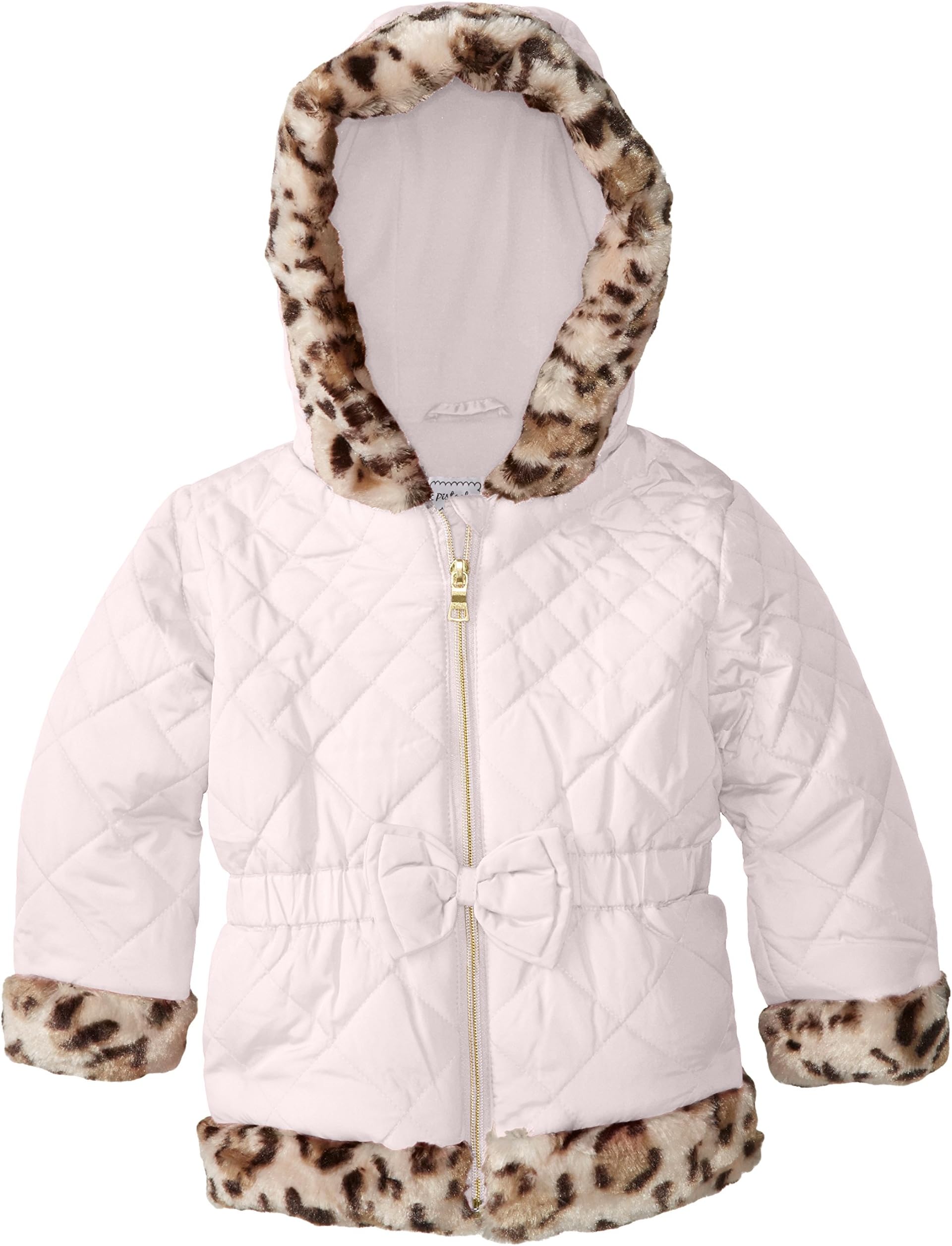 Pistachio Little Girls' Quilted Puffer Coat with Leopard Trim