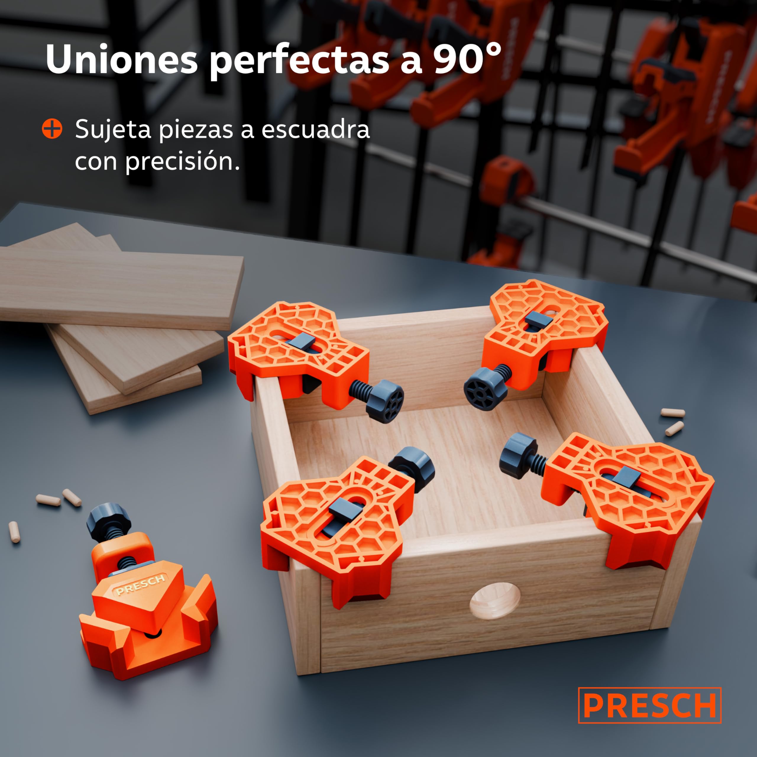 Presch Sargento escuadra 4 uds - Sargentos angulo para grosores de tablero de hasta 26 mm - 25 kg de fuerza de sujeción para ángulos exactos de 90° - Robustas de plástico reforzado con fibra de vidrio