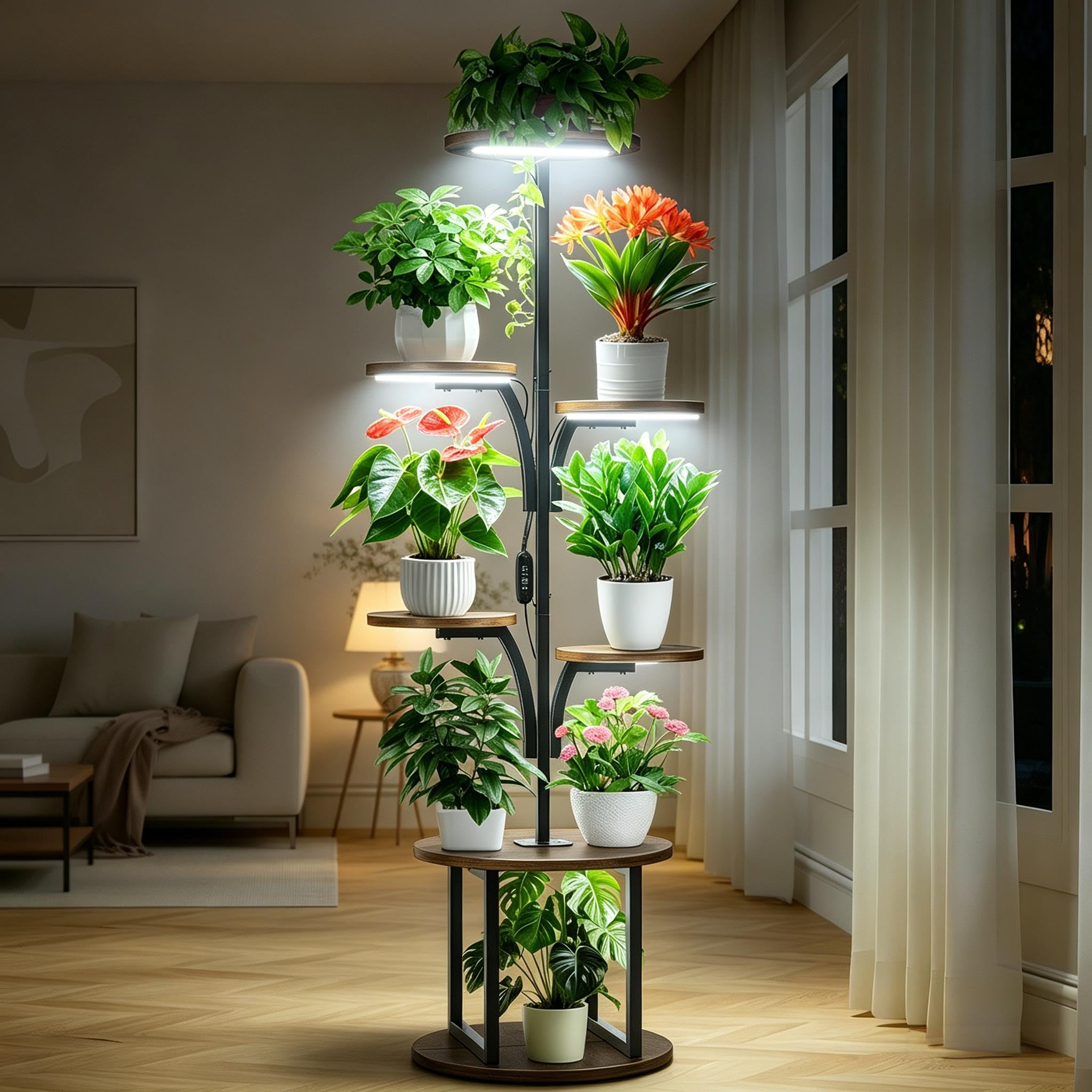 Scaffale per Piante con Luci di Crescita a Spettro Completo, 7 Livelli Torre Portafiori 148 cm in Metallo e Legno, Mensole per Piante da Interno ed Esterno con Timer e Presa UE