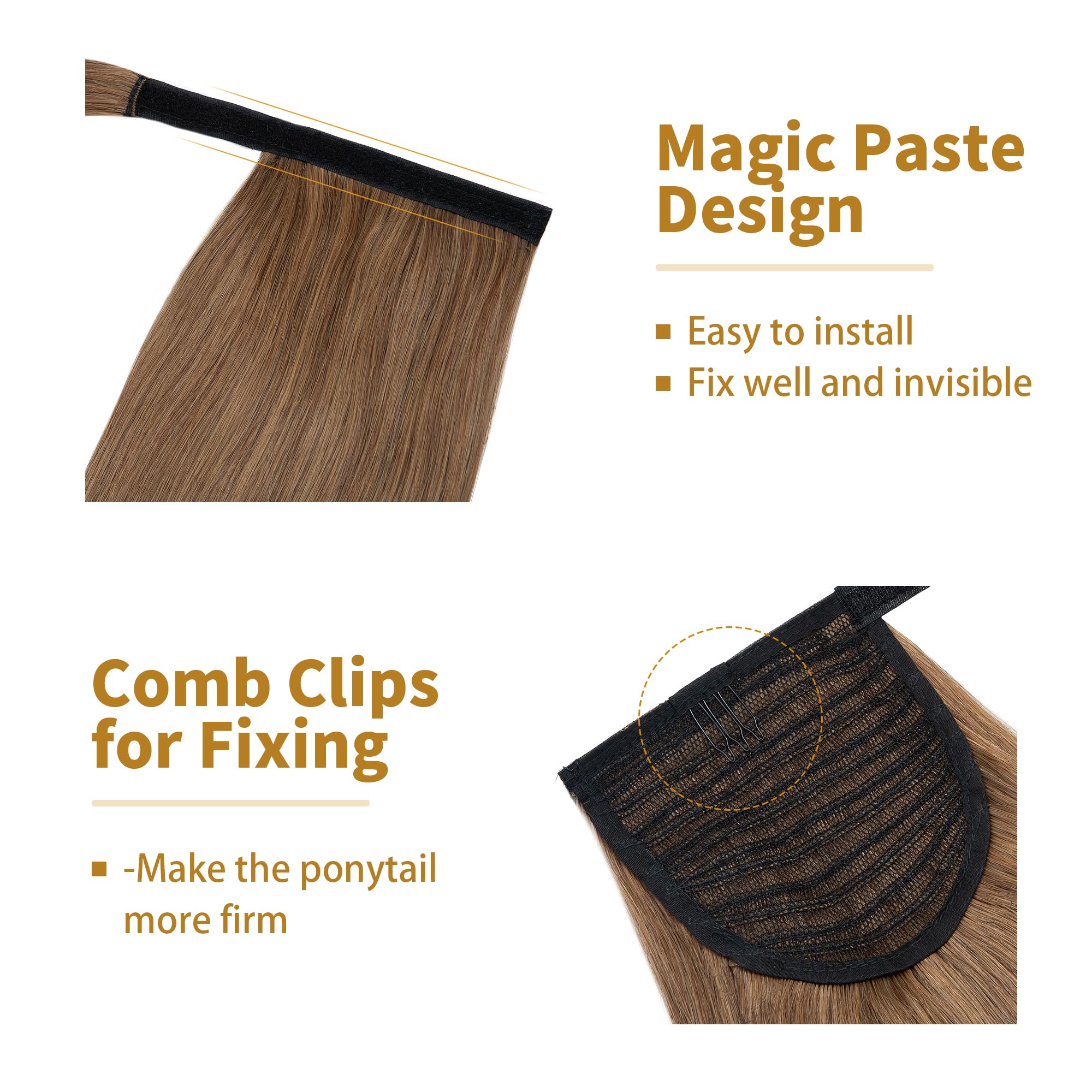 SEGO Ponytail Pferdeschwanz Haarteil Zopf extensions Haarverlängerung clip in Pony Echthaar remy Hair Piece Hellbraun 16"(45cm)-80g