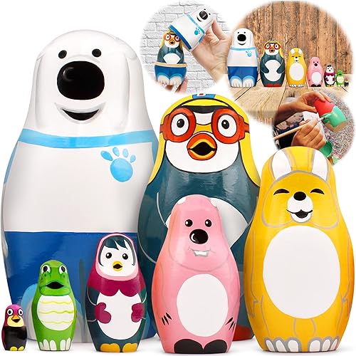 Muñecos de anidación rusos personajes de dibujos animados Pororo el pingüino 7 piezas Juguetes de madera
