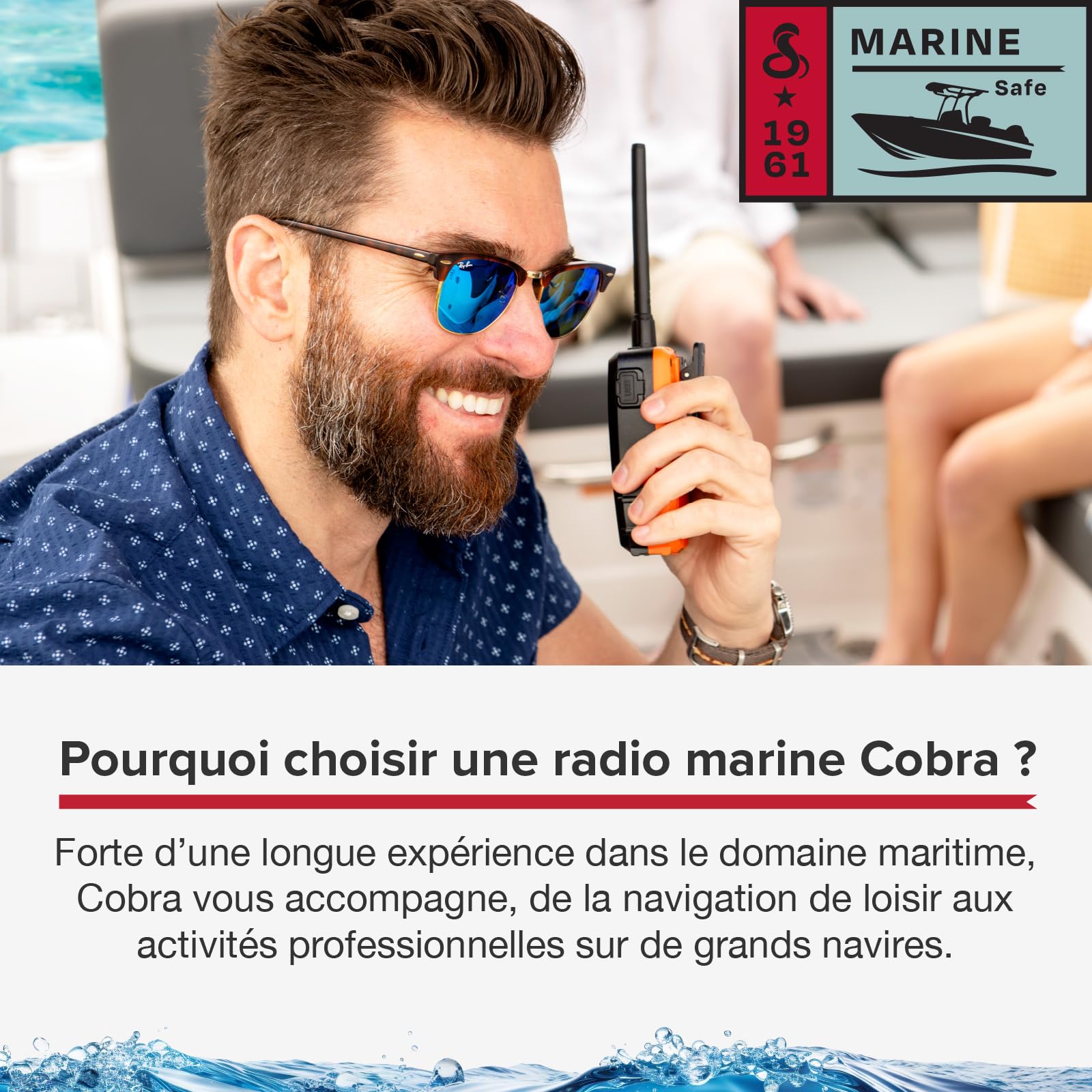 Cobra BlueBound 150 Radio VHF Marine Portable – 3 Watt, Flottant, IPX7, Submersible, Écran LCD, Clip Ceinture, Noir, 1 Pièce