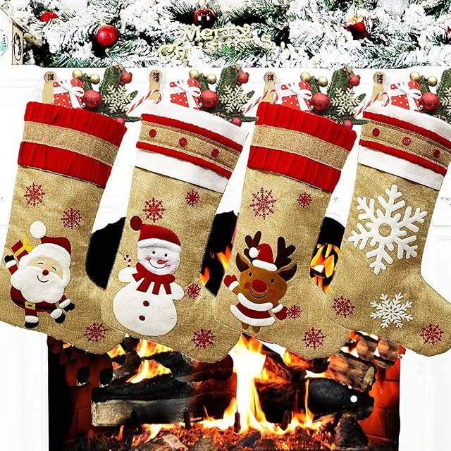 NANEEZOO Christmas Stockings - Large Xmas Sock Sack 4 Pack 18" Christmas Ornament Candy Pouch Bag Theme Santa, Snowman, Christmas Tree Gift Bag for Kids Adults Holiday Decoration