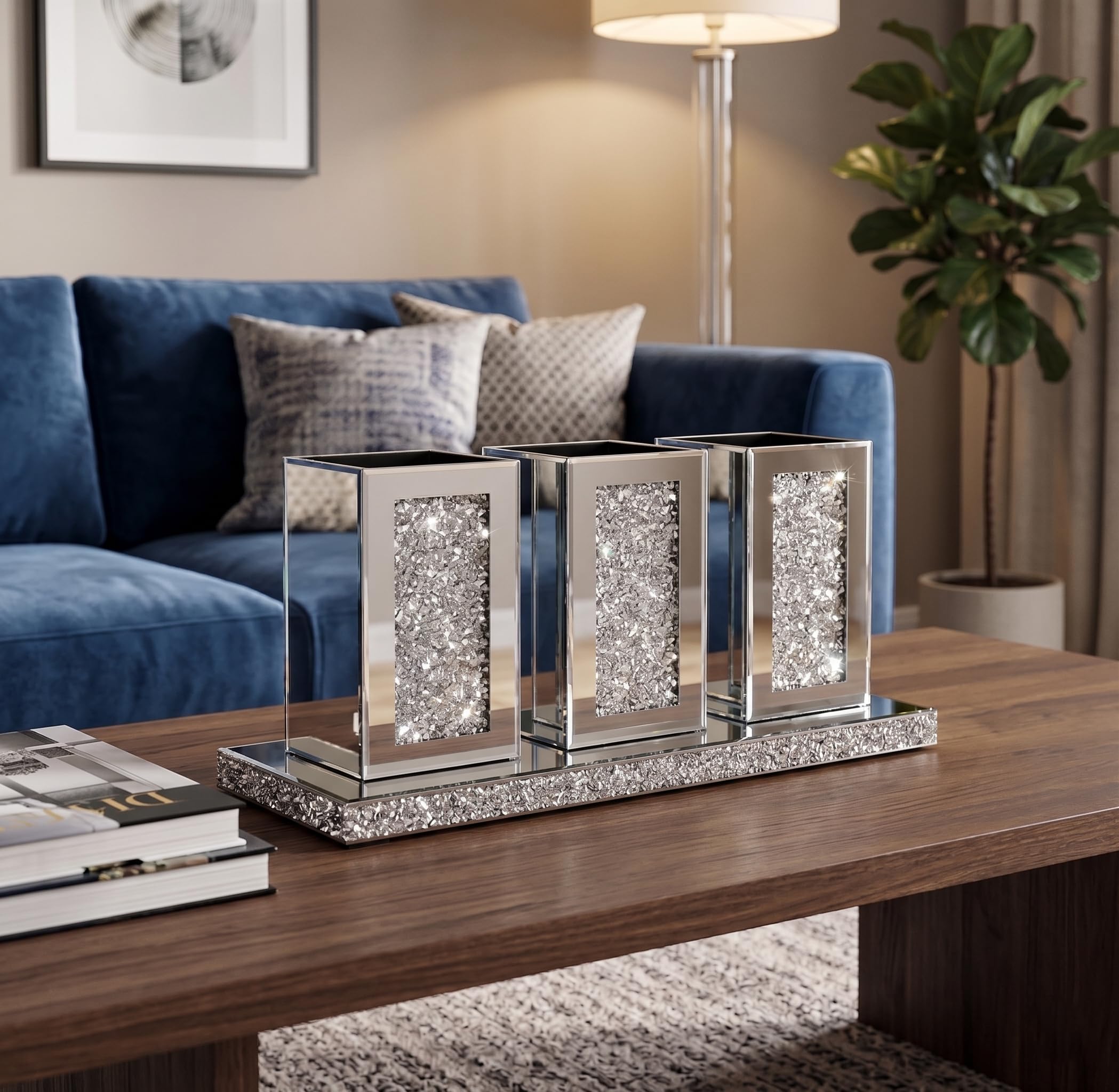 DEENZ Pack Of 3 Silver Crushed Crystal Mirrored Jar & Diamante Tray Tabletop Small Plant Pot Living Room Décor Cosmetics Accessory Brush Holder Storage Display 32x13x7.8Cm