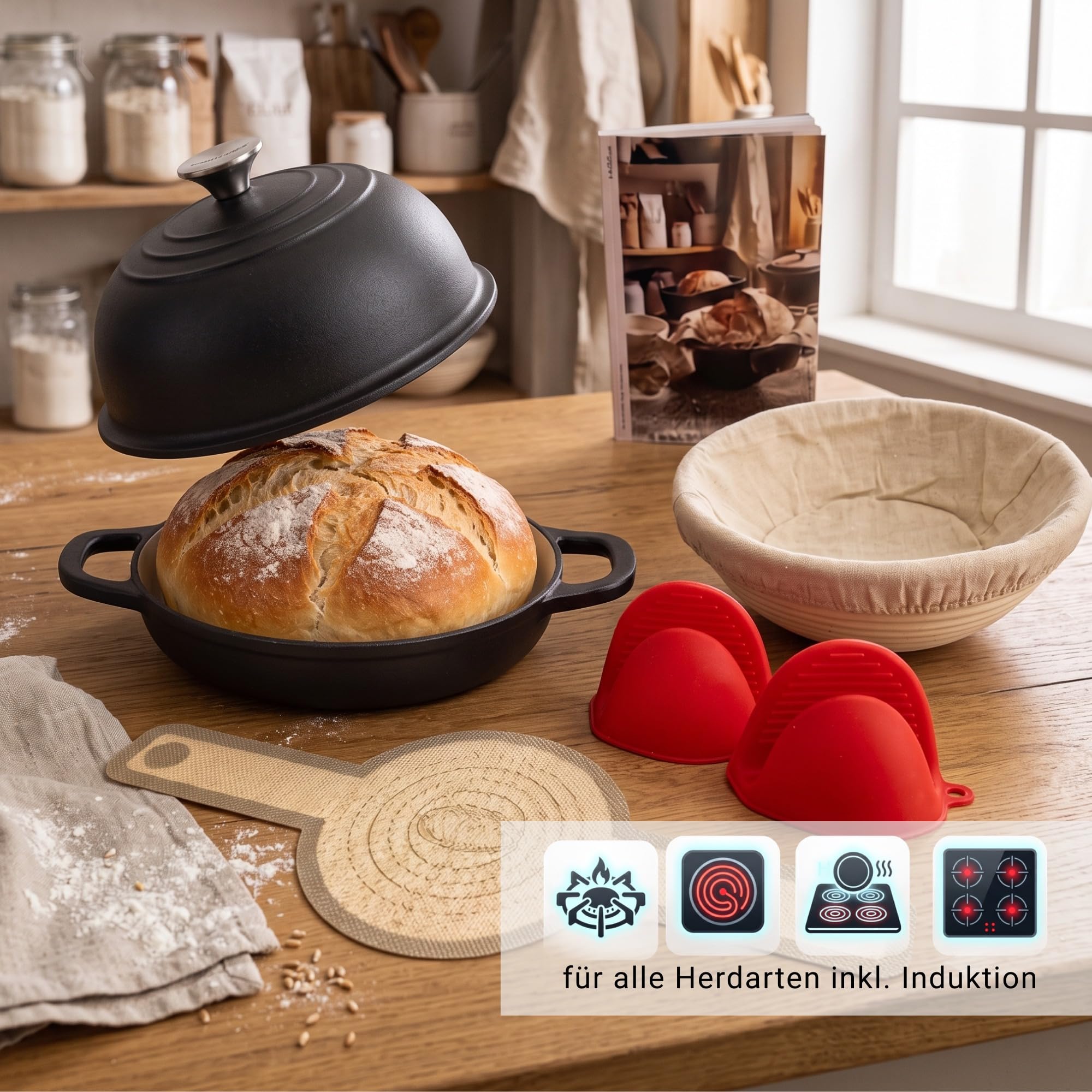 osoltus Gusseisen Brotbackform Set mit Kupeldeckel Silikonmatte Handschuhe Gärkorb 26cm Emaille Schwarz