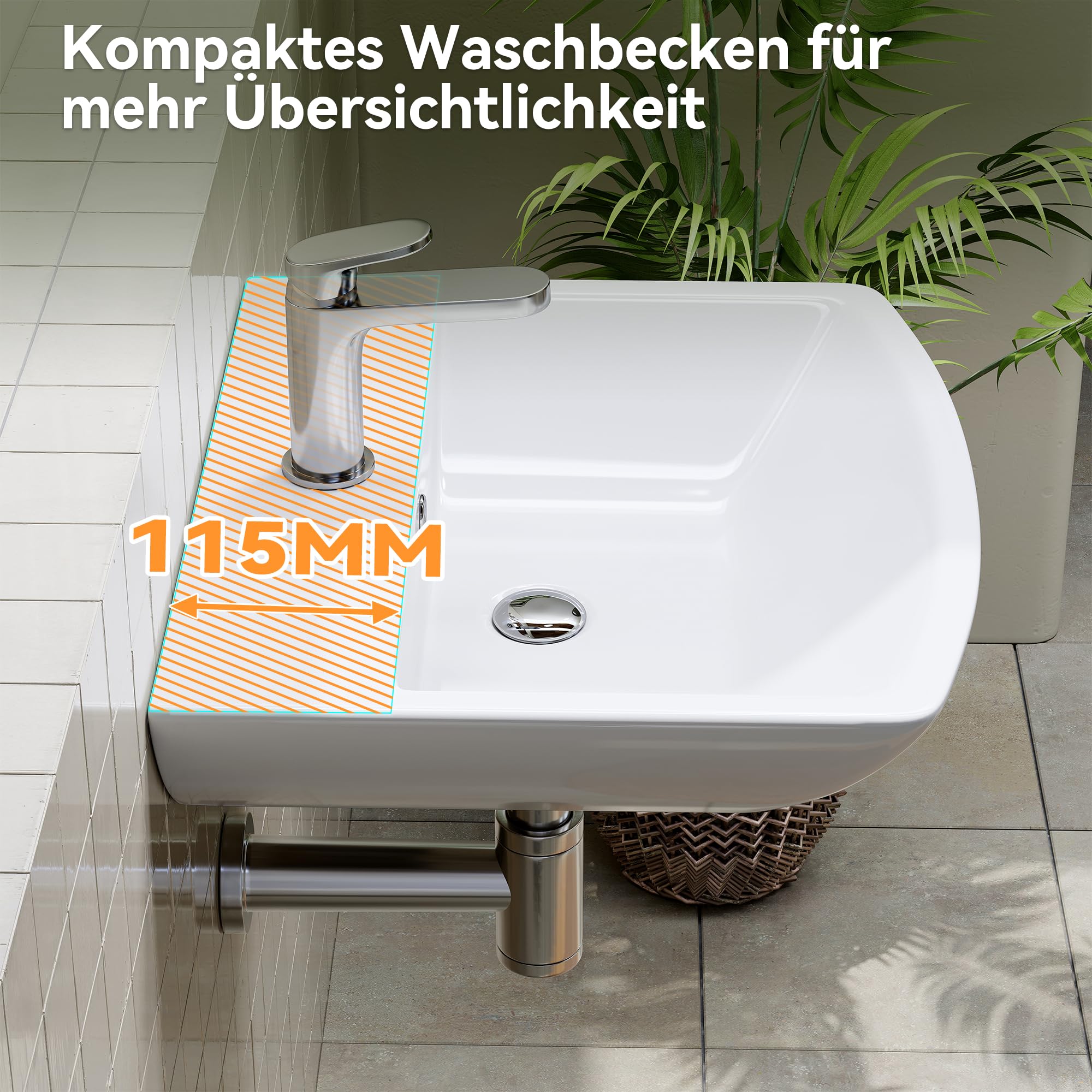 HOROW Lavabo da bagno piccolo con troppopieno, lavabo da tavolo, per bagno degli ospiti, lavabo sospeso, lavabo da parete con foro per rubinetto, in ceramica, bianco, 50 cm