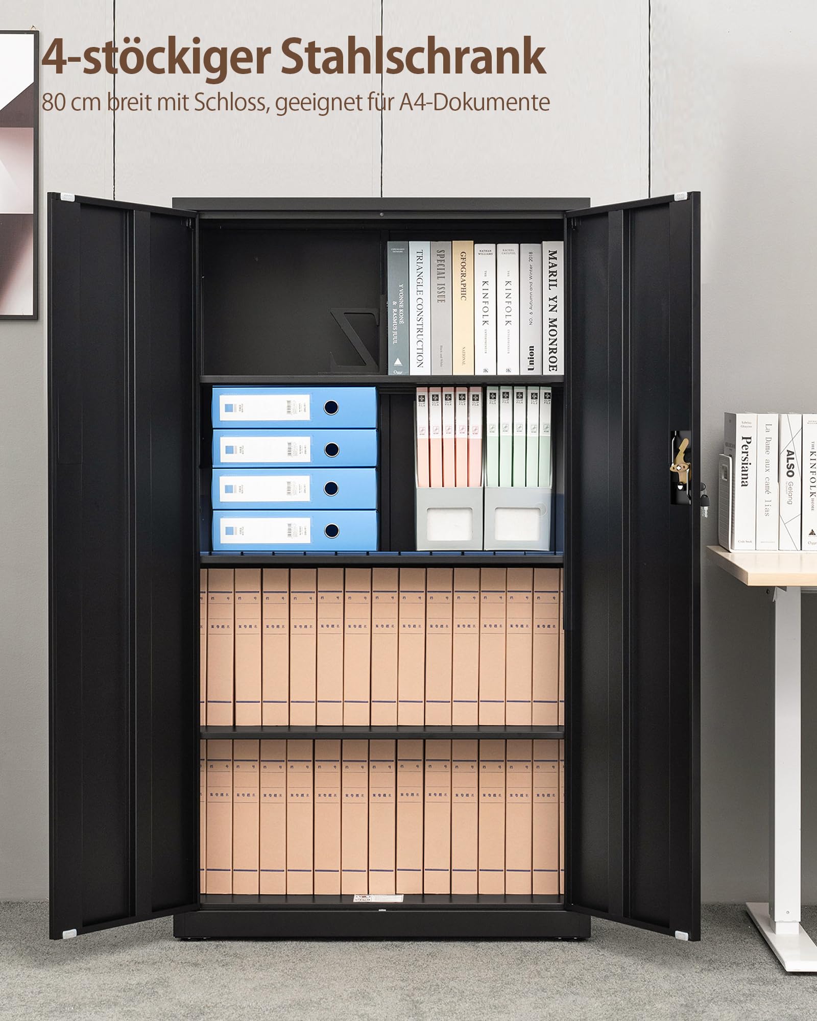 LAND·VOI Stahlschrank 4 Ebenen mit Schloss verstellbare Einlegeböden Doppeltüren Aktenschrank Werkzeugschrank für Büro Garage Haushalt Werkstatt 80x40x131.5 cm Schwarz
