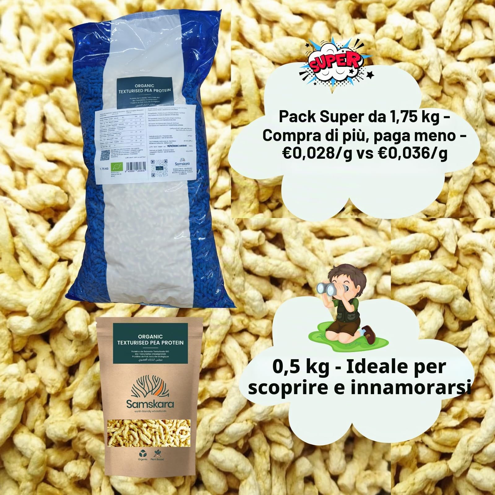 Proteine ​​di piselli granulate testurizzate | agricoltura biologica BIO | 100% naturale | carne vegetale vegana senza glutine senza soia (1kg)