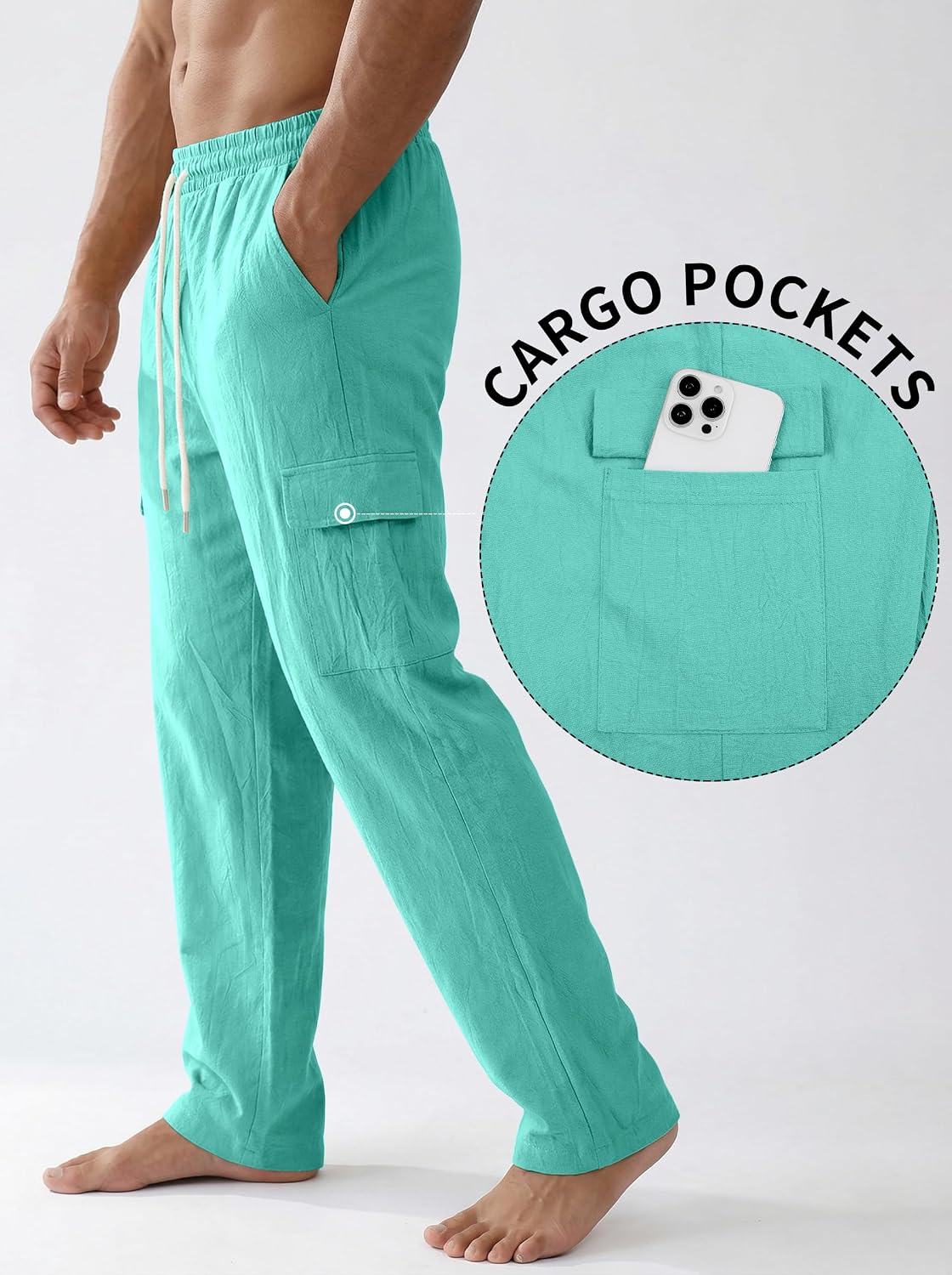 Men's Linen Pants Casual Summer Beach Pants Lightweight Elastic Waist Drawstring Cargo Yoga Trousers with Pockets Lake Blue