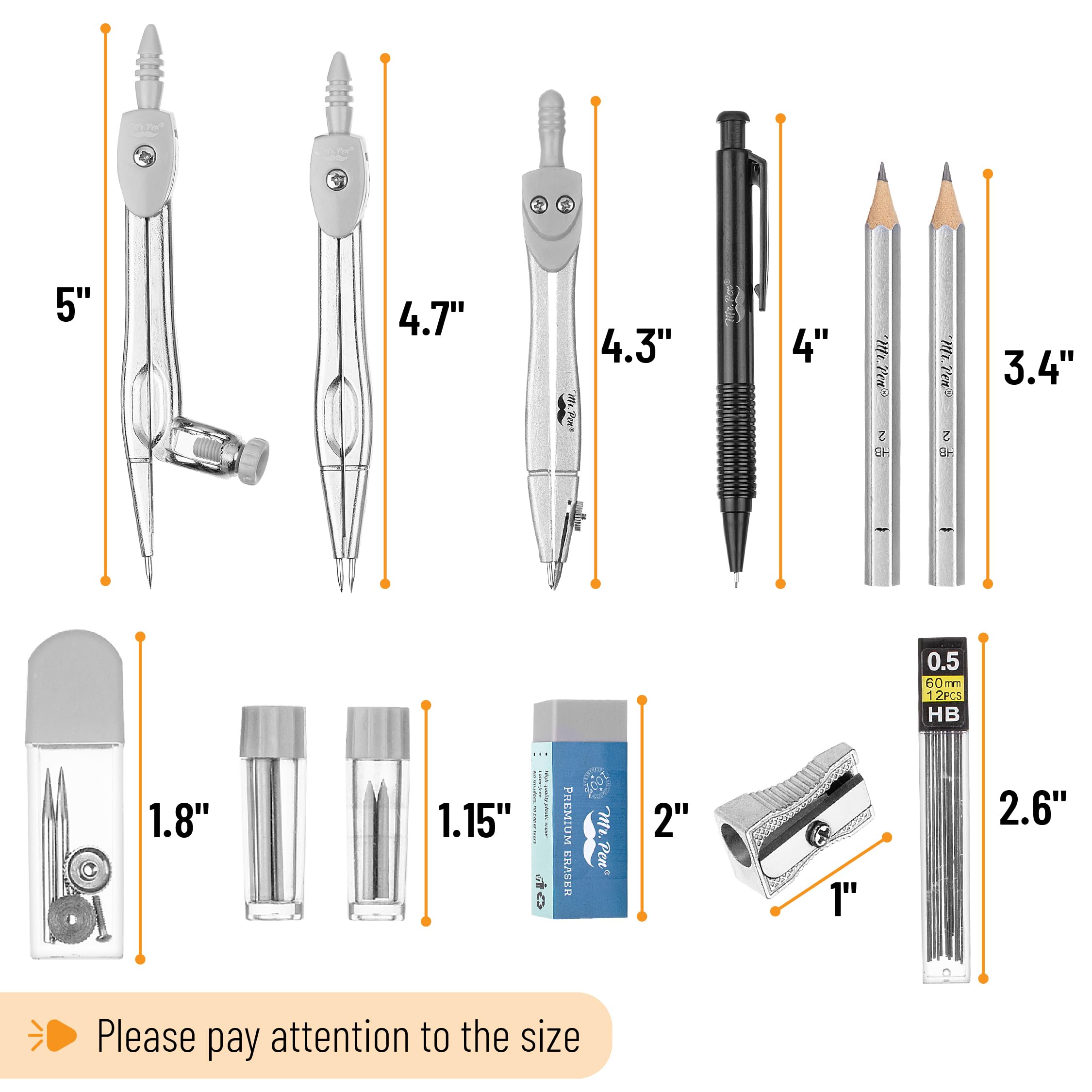Mr. Pen - Geometrie-Set, 15-teilig, hellgrau, 15-cm-Schwenkarm-Winkelmesser | Trennwand, Geodreiecke, Lineal, Zirkel und Winkelmesser