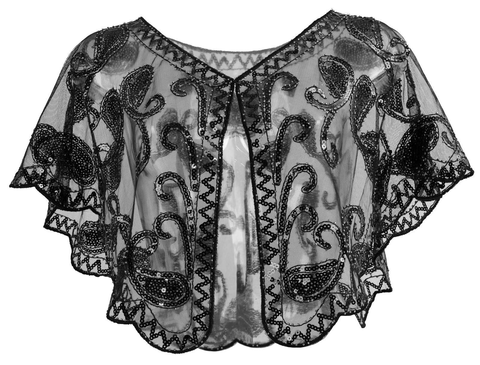 Ausing Women's 1920s Shawl Black Sequin Evening Cape Flapper Shrug Great Gatsby Retro Tulle Shawls Vintage Mesh Shawl Wraps Shiny Short Art Deco Wrap Bridal Party Wedding Cover Up