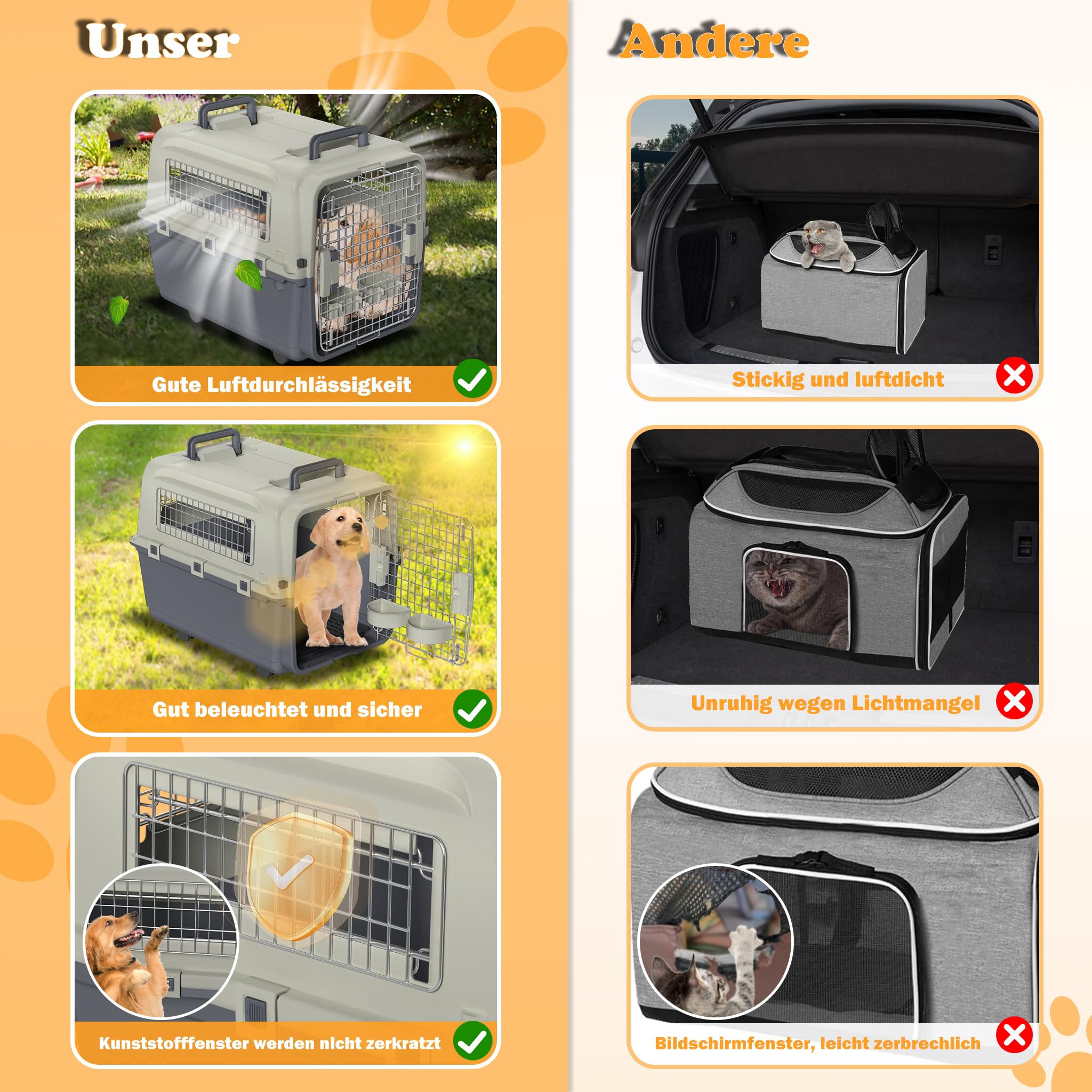 Trasportino per cani con ruote di trasporto, trasportino per gatti, in plastica, con porta di ventilazione, grande trasportino per cani (67 x 51 x 58,5 cm)