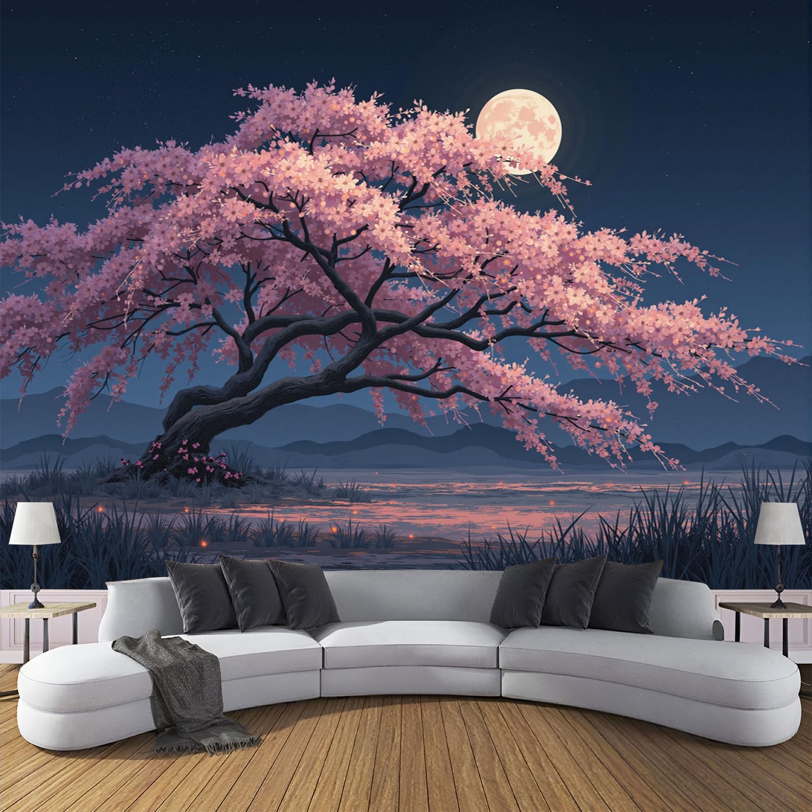 Cherry Blossom Tree Photo Wallpaper Open Fields Wall Mural Silk Wall Décor Art Large Poster Picture Design Modern for Living Room Bedroom Dorm Décor 183" Wx 120" H - Pink