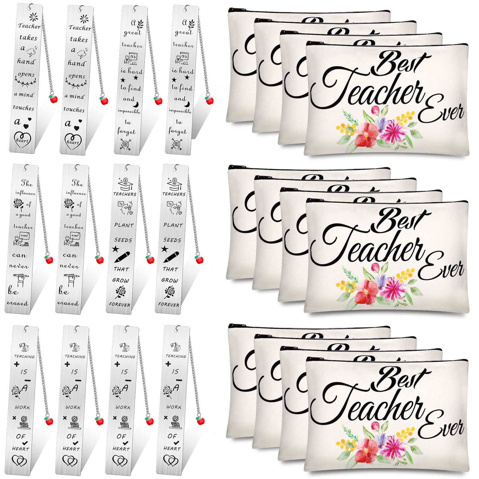 Eccliy Teacher Appreciation Gift Set Teacher Kit Makeup Cosmetic Bags and Teacher Inspirational Bookmarks with Fruit Chain, Graduation Thank You Gifts for Women Men Teacher (24 Pack)