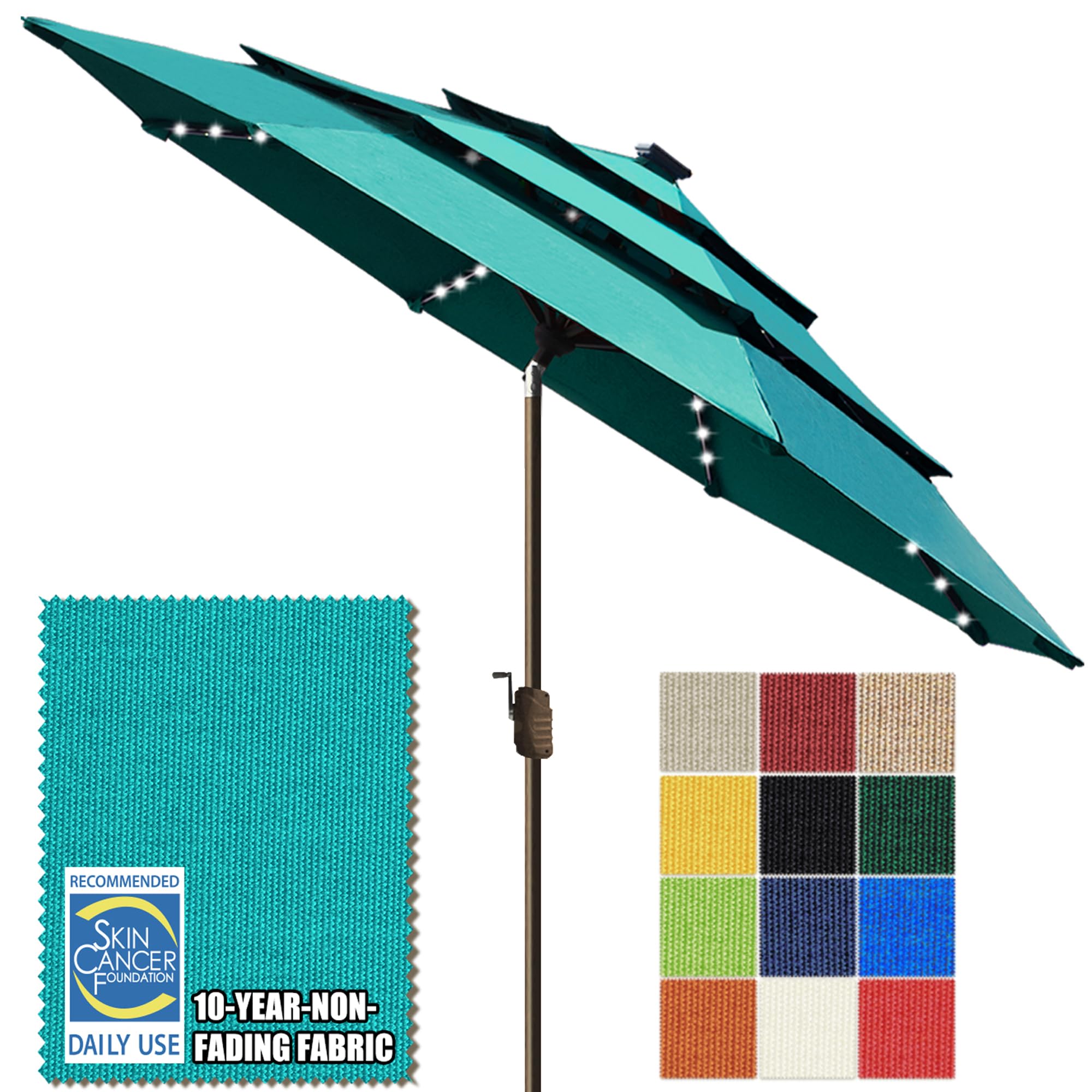 eliteshade usa 10-year-non-fading 10ft 3-tier market patio umbrella, commercial table umbrella with 80 solar led lights, crank open, windproof & upf 50+ uv protection for garden, deck, pool, backyard, teal