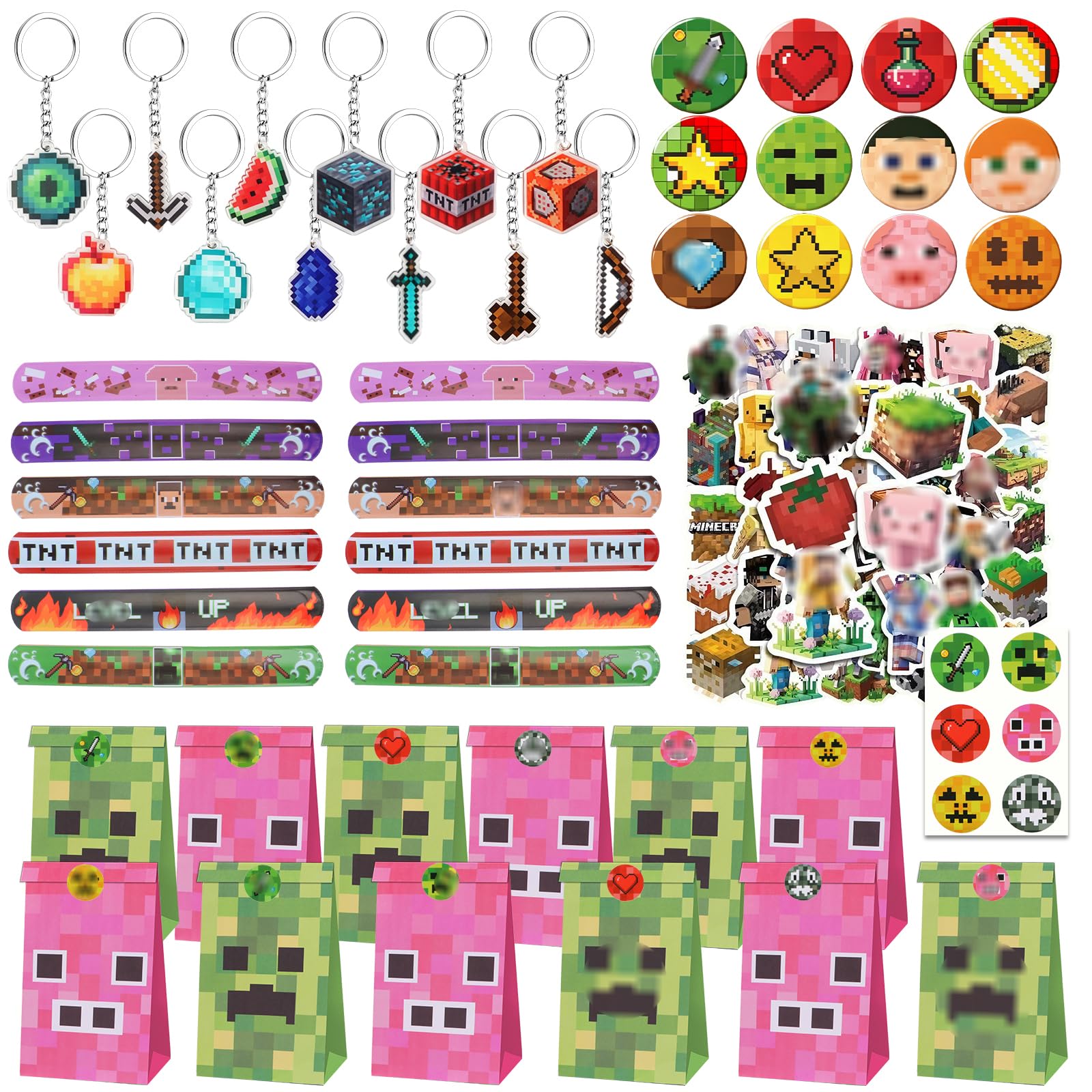 Ainvliya 98pcs Miner Party bag Fillers, Game Birthday Gift with Slap Bands Stickers bags Badges Keychain, Party Favours Supplies for Kids Boys Girls — image 1