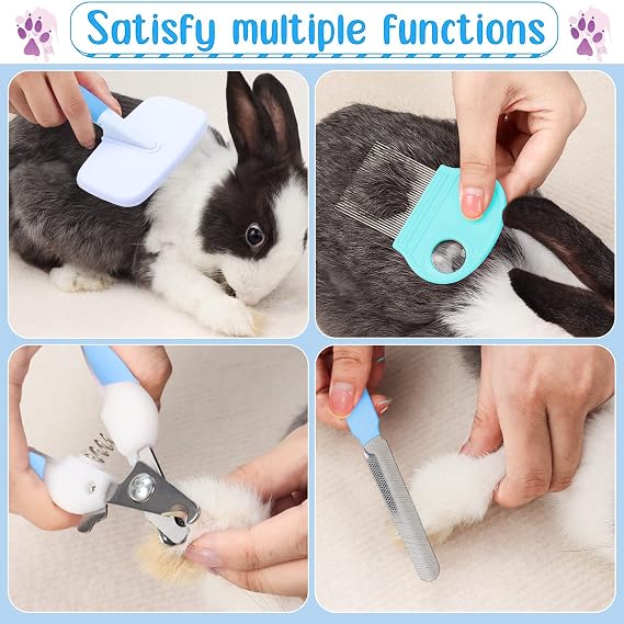 VCZONE Small Animal Grooming Set: Pet Nail Clipper & File, Flea Comb, Shampoo Brush, Shedding Slicker Brush, Massage Glove, Cleaning Comb (Blue)