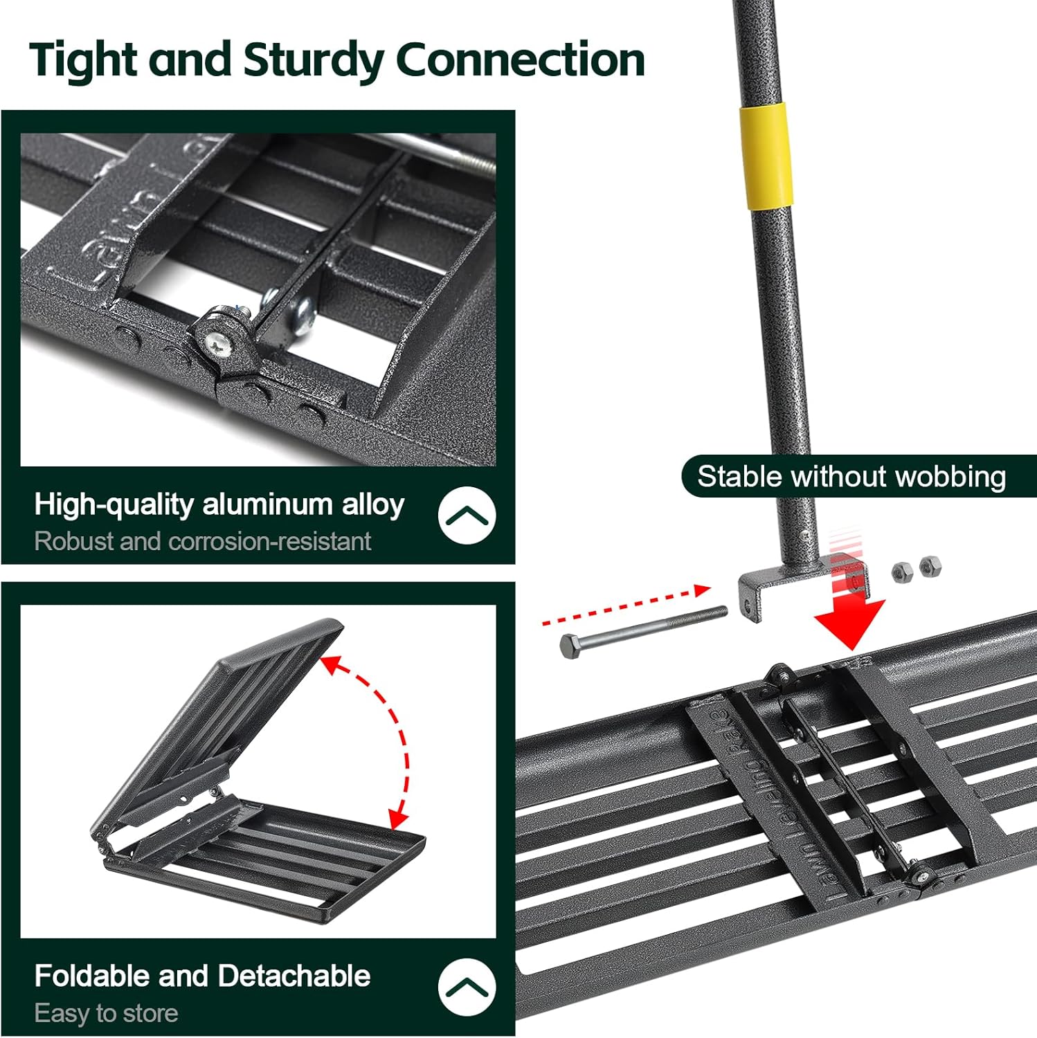 折りたたみ式芝生レーキ（ハンドル付き）、183cm芝生レーキ、芝生レベリングレーキ、ブラックメタル、頑丈な床芝生プランナーツール、庭