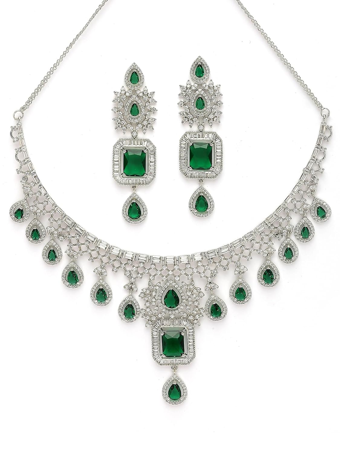 Karatcart Royal Silver Plated Green American Diamond Choker Necklace Set for Women