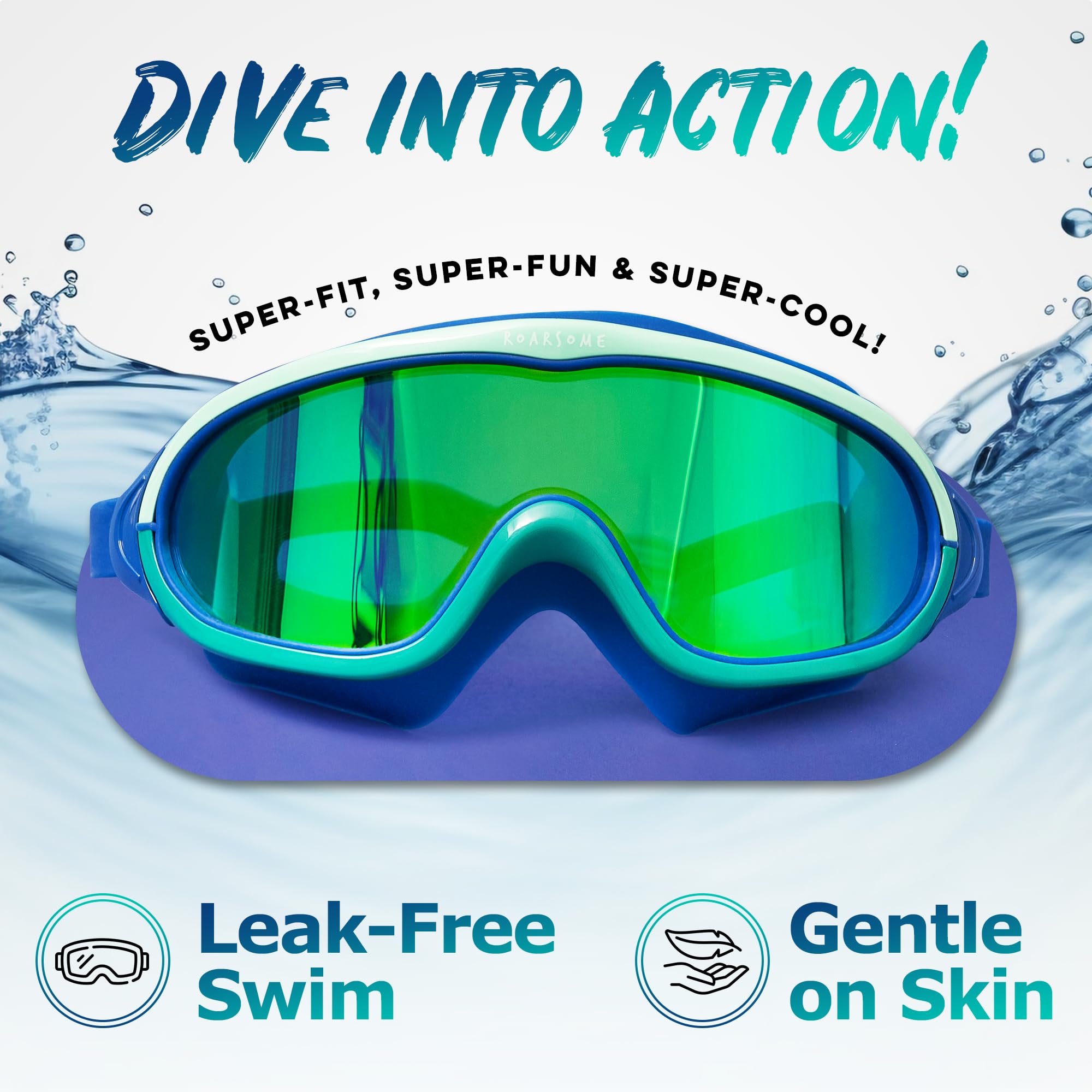 Roarsome Gafas de natación, lente de visión ultra ancha, antivaho y protección UV, ajuste de silicona suave, diseño a prueba de fugas, correa ajustable, unisex, talla única, ideal para piscina, océano