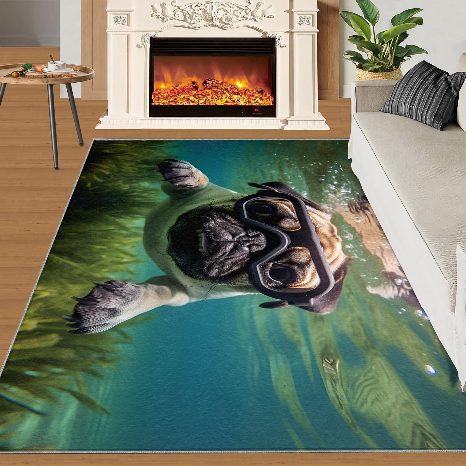 SANSJI 170x240cm Underwater Dog Area Rug for Pug Lover, Non-Slip Washable Swimming Puppy Design Indoor Carpet for Living Room, Funny Pet Theme Floor Mats for Girls, Soft & Resistant
