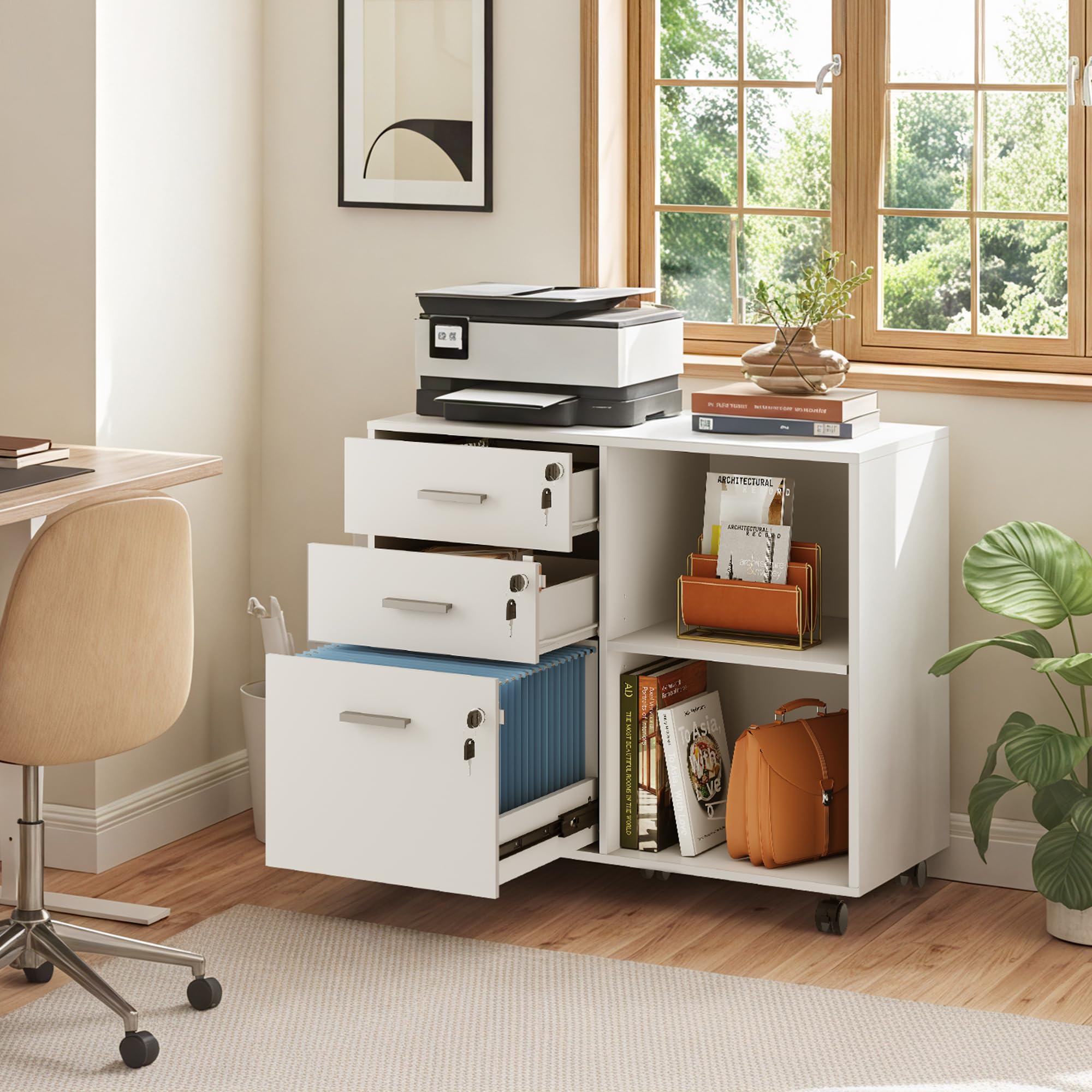 DEVAISE Caisson de Bureau Roulant 3 Tiroirs et étagères ouvrantes, Meuble Imprimante Rétro avec Plateau Bois, Meuble Rangement Bureau Mobile, Blanc