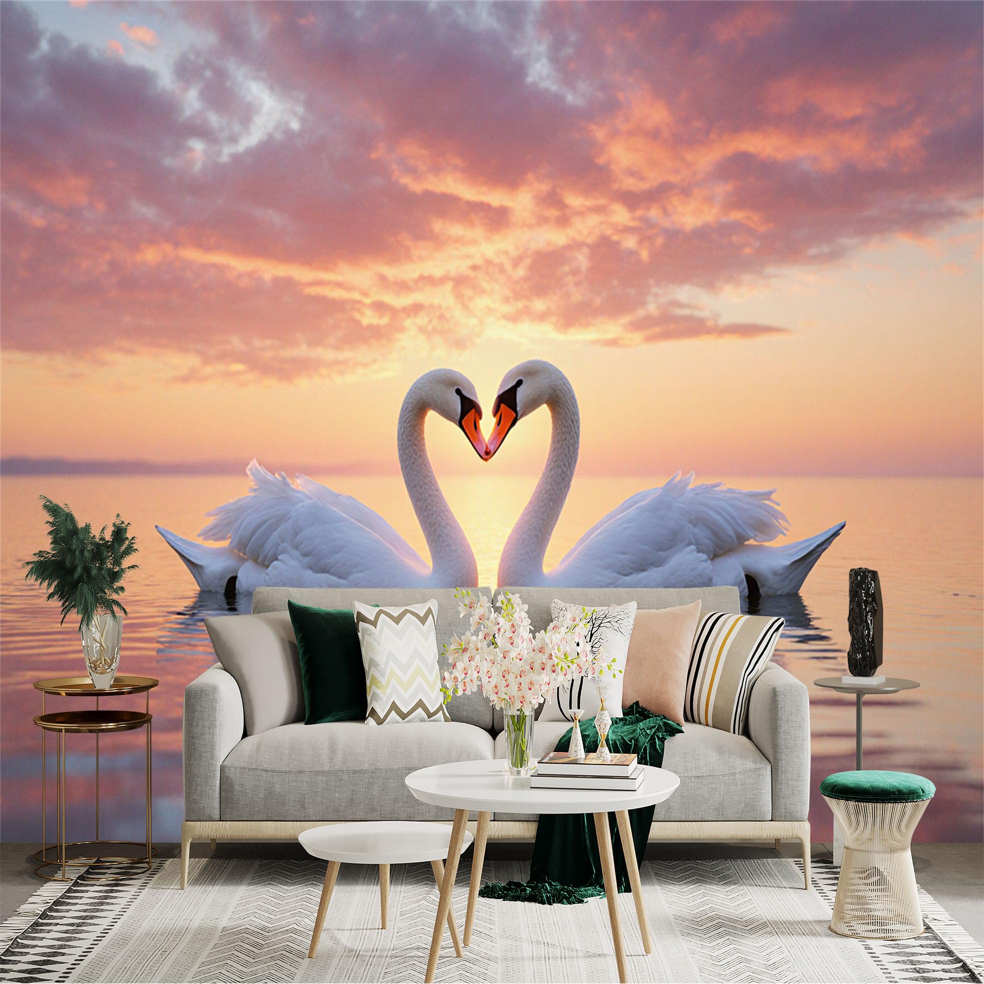 Custom Size Wall Sticker Mural， Two Elegant Swans Forming A Heart Shape， Romantic Sunset Lake View， Peaceful Water Reflection， for wall Decoration， peelandstick wall Decals.