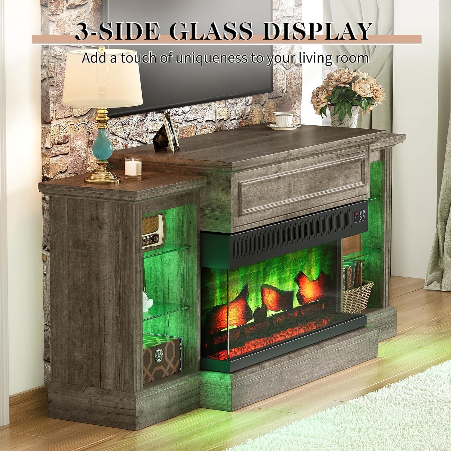 LUXOAK Fireplace TV Stand with 36" 3-Sided Glass Electric Fireplace, 70" Farmhouse Media Entertainment Center with LED Light & Hiden Flip-up Door, TV Console Storage Cabinet for TVs up to 80", Grey