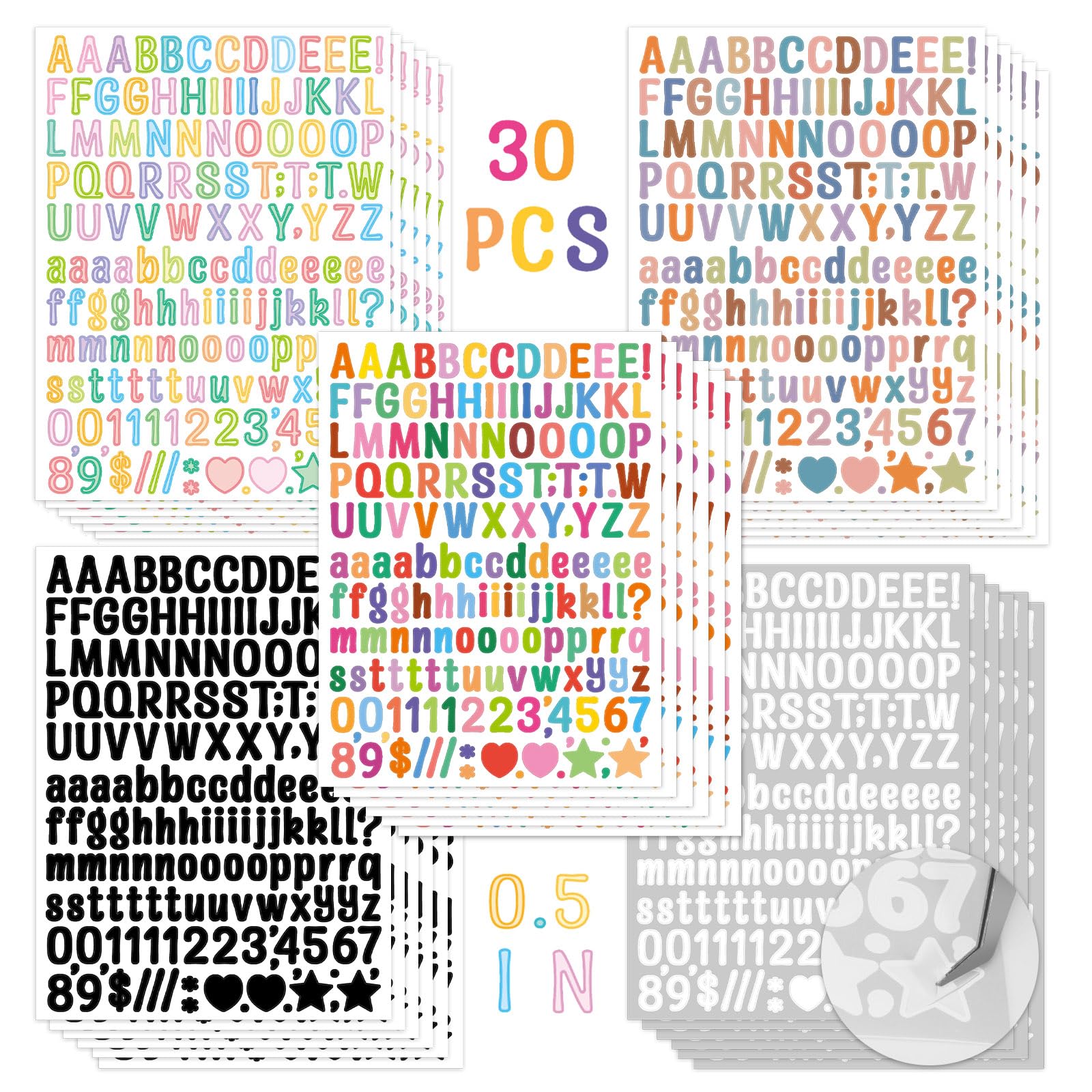 Sekonow 30 Sheets 0.5in Letter Stickers, Colorful Alphabet Stickers Waterproof Vinyl Self Adhesive Number ABC Stickers, Sticker Letters for Scrapbook Water Bottles