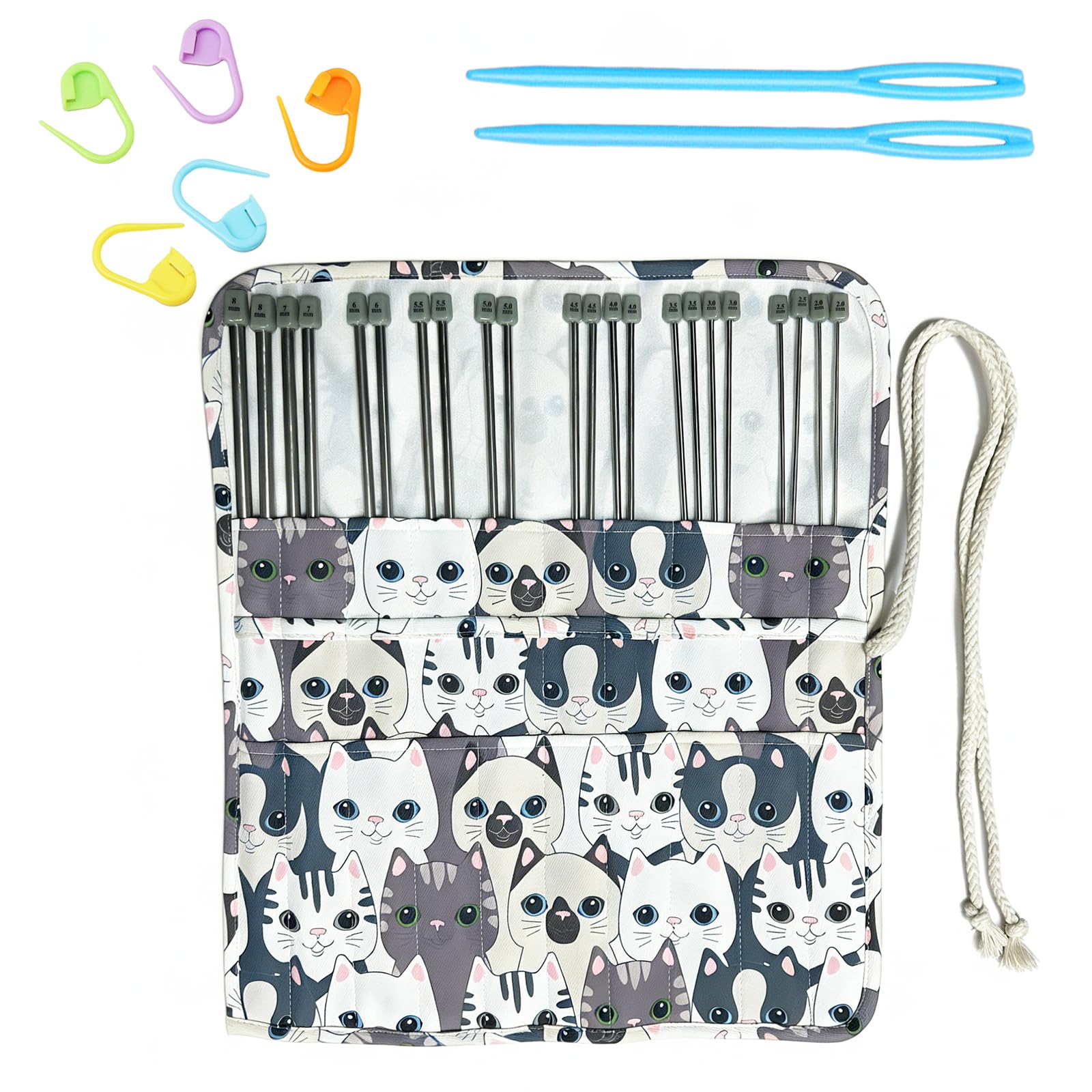 30 Pcs Knitting kit with 22 Pcs 35cm Metal Knitting Needles 2.0mm-8.0mm, 1 Roll Case, 2 Pcs 7 cm Plastic Knitting Needles and 5 Stitch Markers, Knitting Needles Set for Beginners Adult
