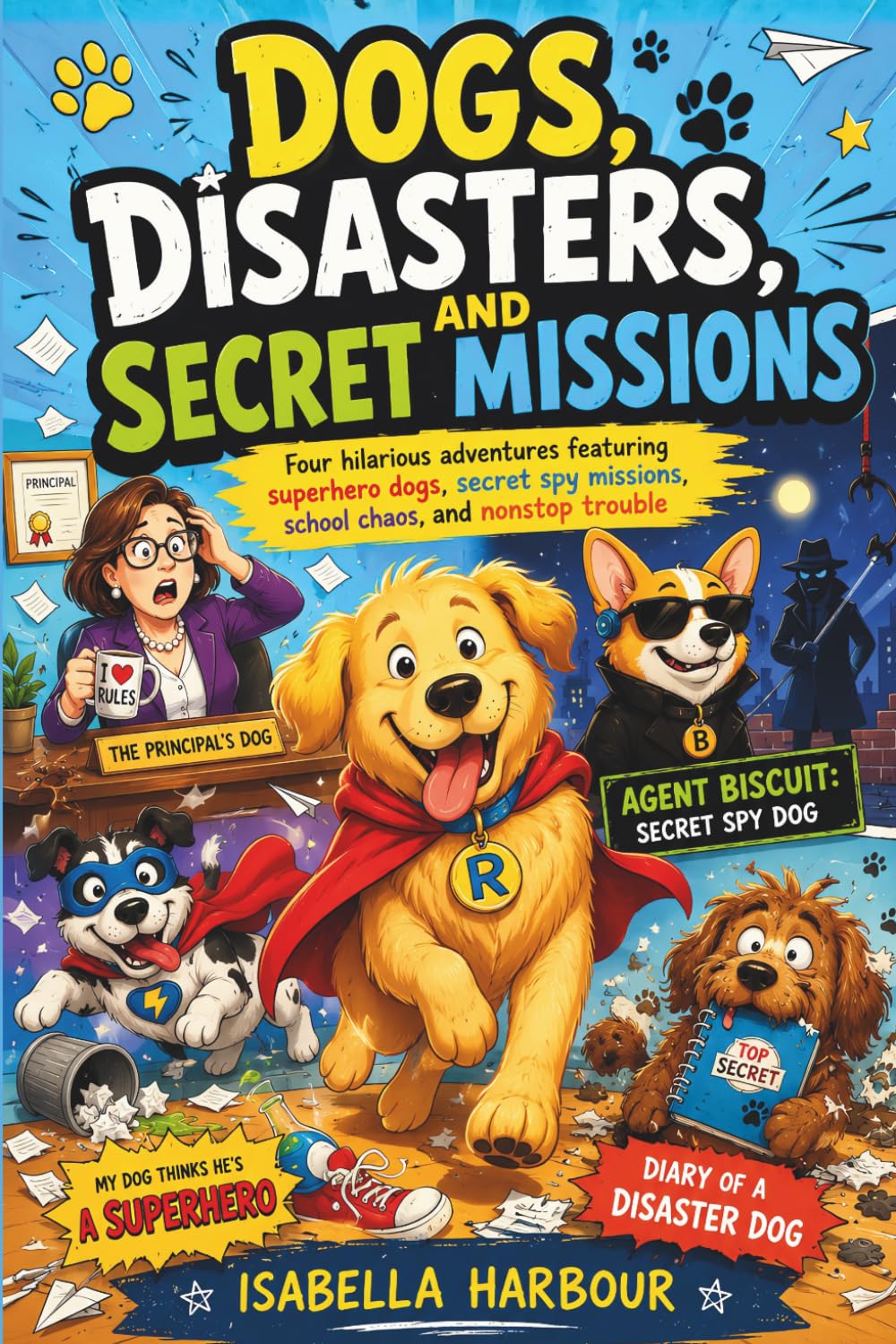Dogs, Disasters, and Secret Missions: Four hilarious adventures featuring superhero dogs, secret spy missions, school chaos, and nonstop trouble.
