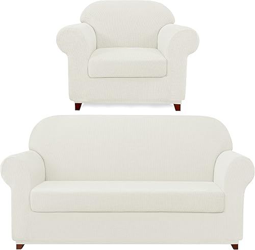 subrtex Juego de 4 fundas para sofá y silla, protector elástico reversible para perros y mascotas (blanco hueso, silla y sofá)