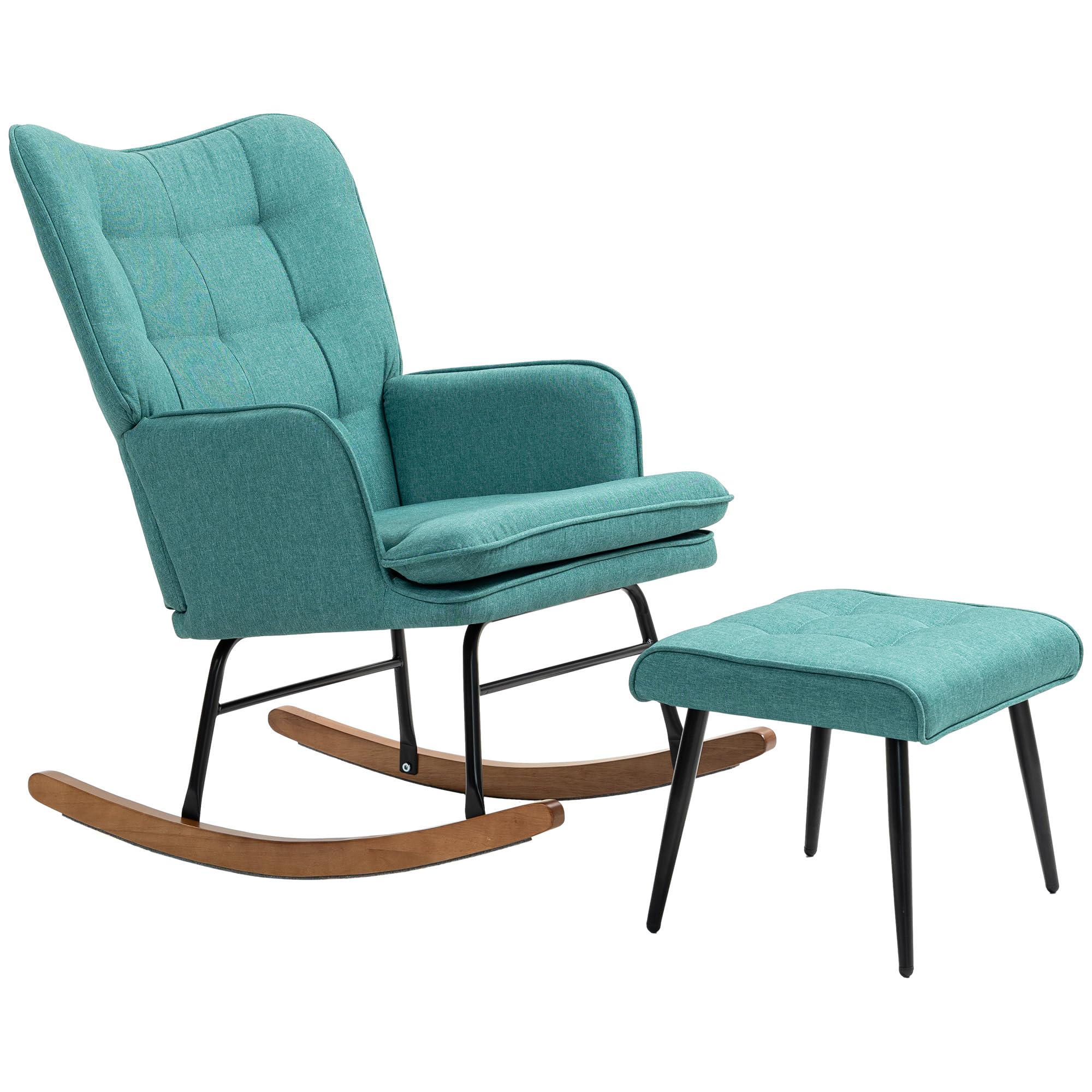 HOMCOM Silla Mecedora con Reposapiés, Sillón de Relax, con Cojín Acolchado, Respaldo Alto, Reposabrazos y Patas de Madera, Carga 130 kg, para Salón, Dormitorio, Verde Azulado