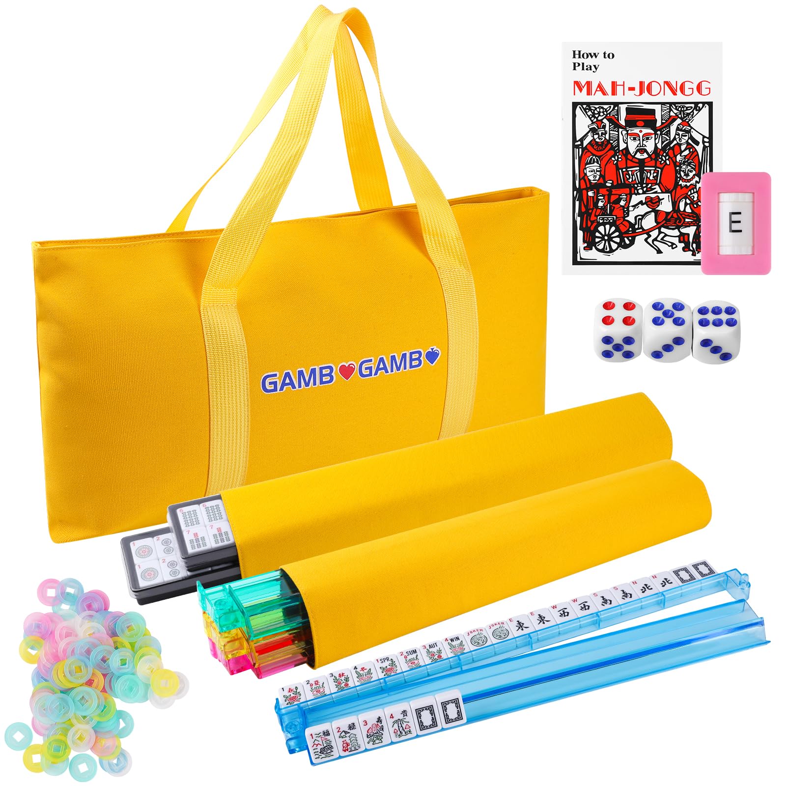 GAMBYGAMBY American Mahjong Set Complete American Mahjong Tile Set with All-in-one Mah Jong Rack Pushers in Yellow Mah Jong Bag