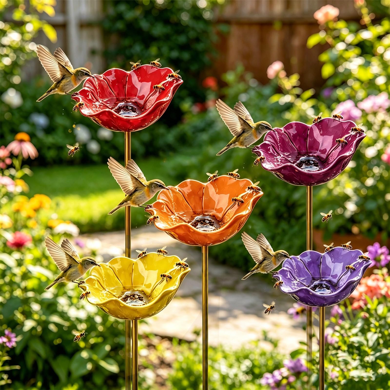 Handmade Metal Flower Garden Stake, Colourful Butterfly & Bee Water Feeder, Rain Catcher Bird Bath Bowls for Outdoor Yard, Lawn & Patio Décor (Mix-5pcsC)