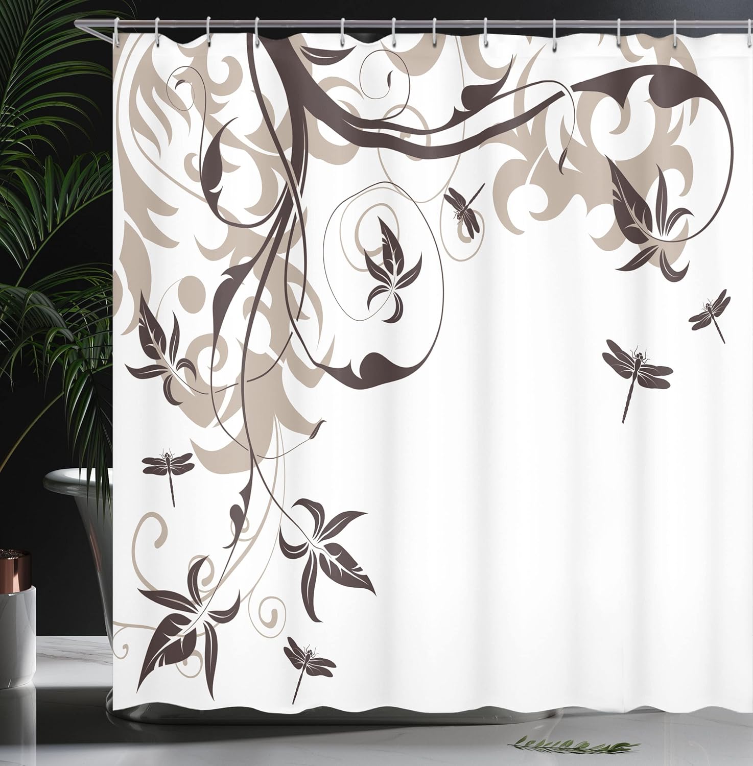 Ambesonne Dragonfly Shower Curtain, Swirled Floral Background Damask Curl Branches and Leaves Print, Cloth Fabric Bathroom Decor Set with Hooks, 69" W x 70" L, Warm Taupe