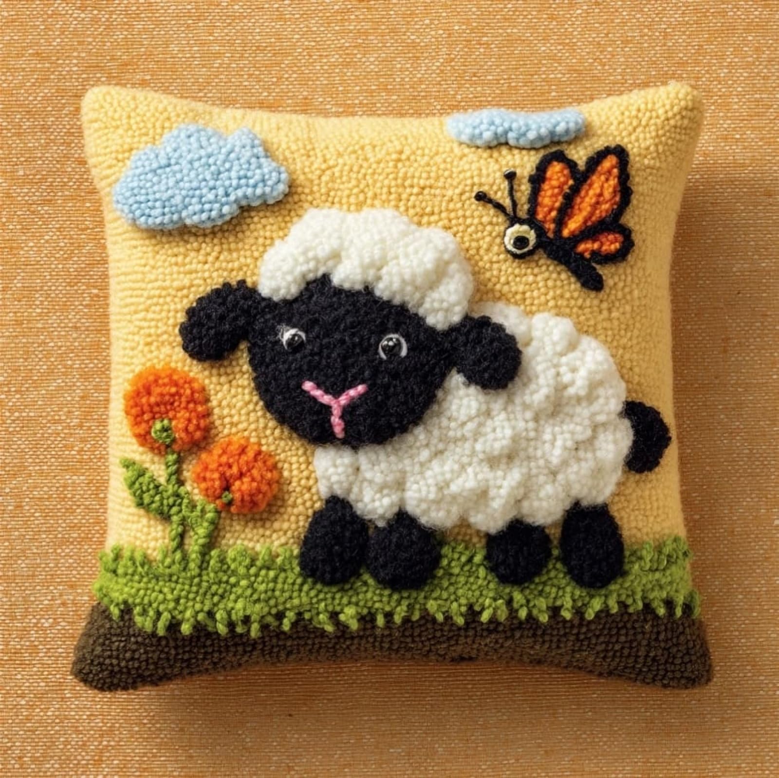 AxiangziK Latch Hook Pillow Making Kit 43x43cm,Sheep and Butterfly Complete Set with Hook Tool & Instructions - Sofa Cushion Cover DIY Craft for Adults