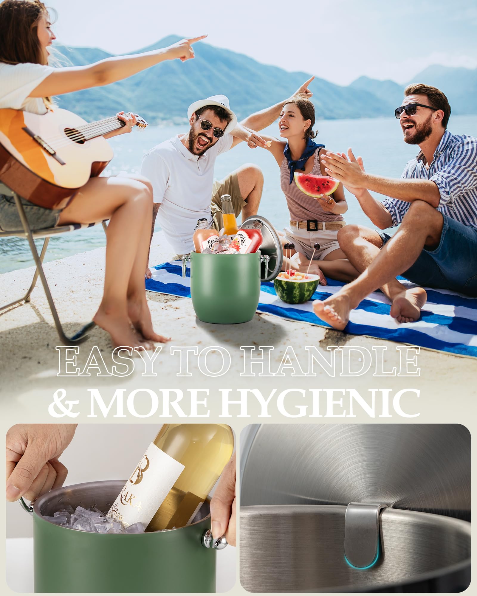 Seau à glace isotherme à double paroi en acier inoxydable de 3 L avec pince, couvercle, cuillère et passoire, seau à glace pour fêtes, bars à cocktails, bière rafraîchissante, champagne