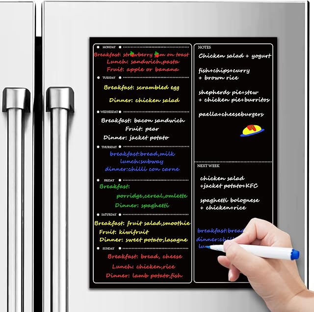 Ezigoo Magnetic Fridge Memo Borad A3 Weekly Planner Blackboard Wet Erase Family Daily Meal Calendar Food Shopping List Borad for Notes, Meat Prep, to Do List Reminders 30 x 40cm