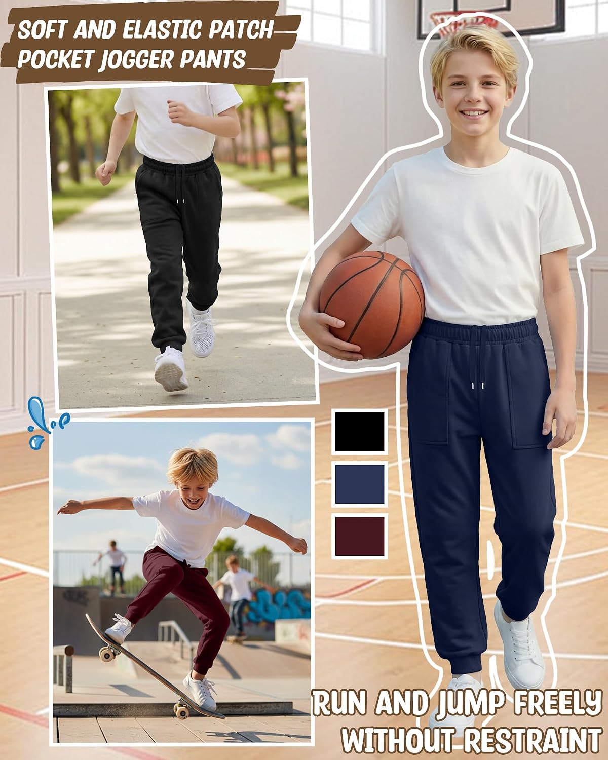 3 Pack Boy's Joggers Kids Sweatpants Elastic Waist Teens Athletic Youth Pants with Pockets Interior Drawstring