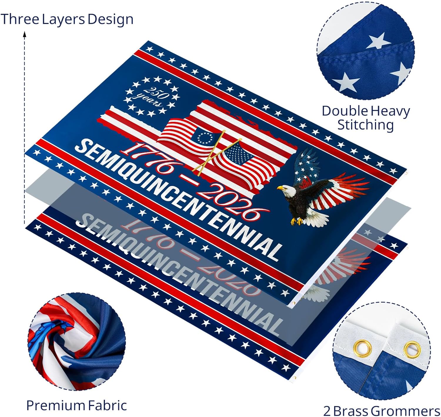 250th American Anniversary Flag - American Flags for Outside 4x6 Ft, Double Sided 3 Layers, 1776-2026 America 250th Birthday 4th of July Flag, Patriotic Flags for Independence Day Indoor Decoration