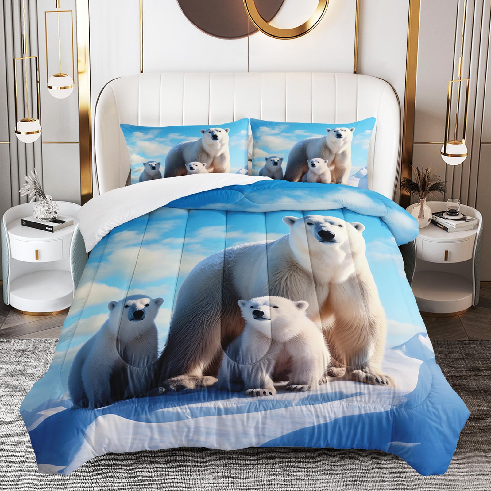 OUIXOTIC Polar Bear Bedding Set Queen, Polar Bear Family Comforter Set for Boys Girls,Kids Snow and Ice Duvet Set Natural Comforter Fashion Teens Bedroom Decor 3 Pcs Bed Collection